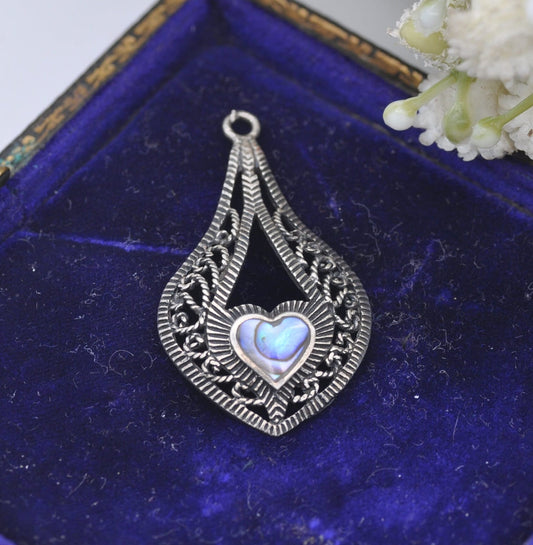 Vintage Sterling Silver Abalone Heart Pendant - Teardrop Shape