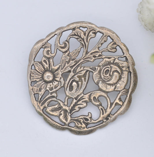 Vintage Sterling Silver Openwork Flower Brooch - Floral Cut Out Design | Victorian Style