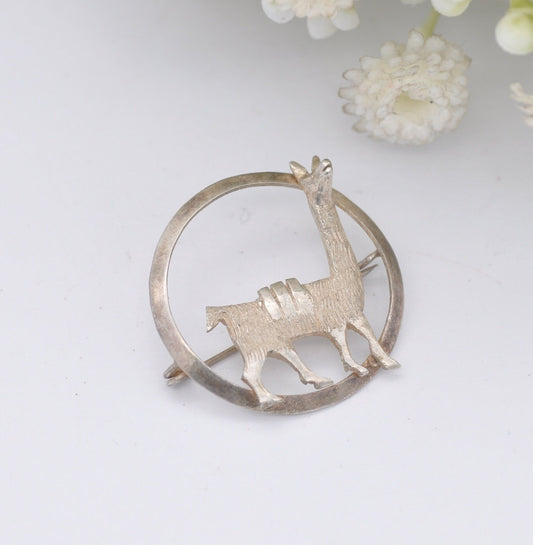 Vintage Sterling Silver Llama Brooch - Textured Fur | Silver Animal in a Circle Brooch