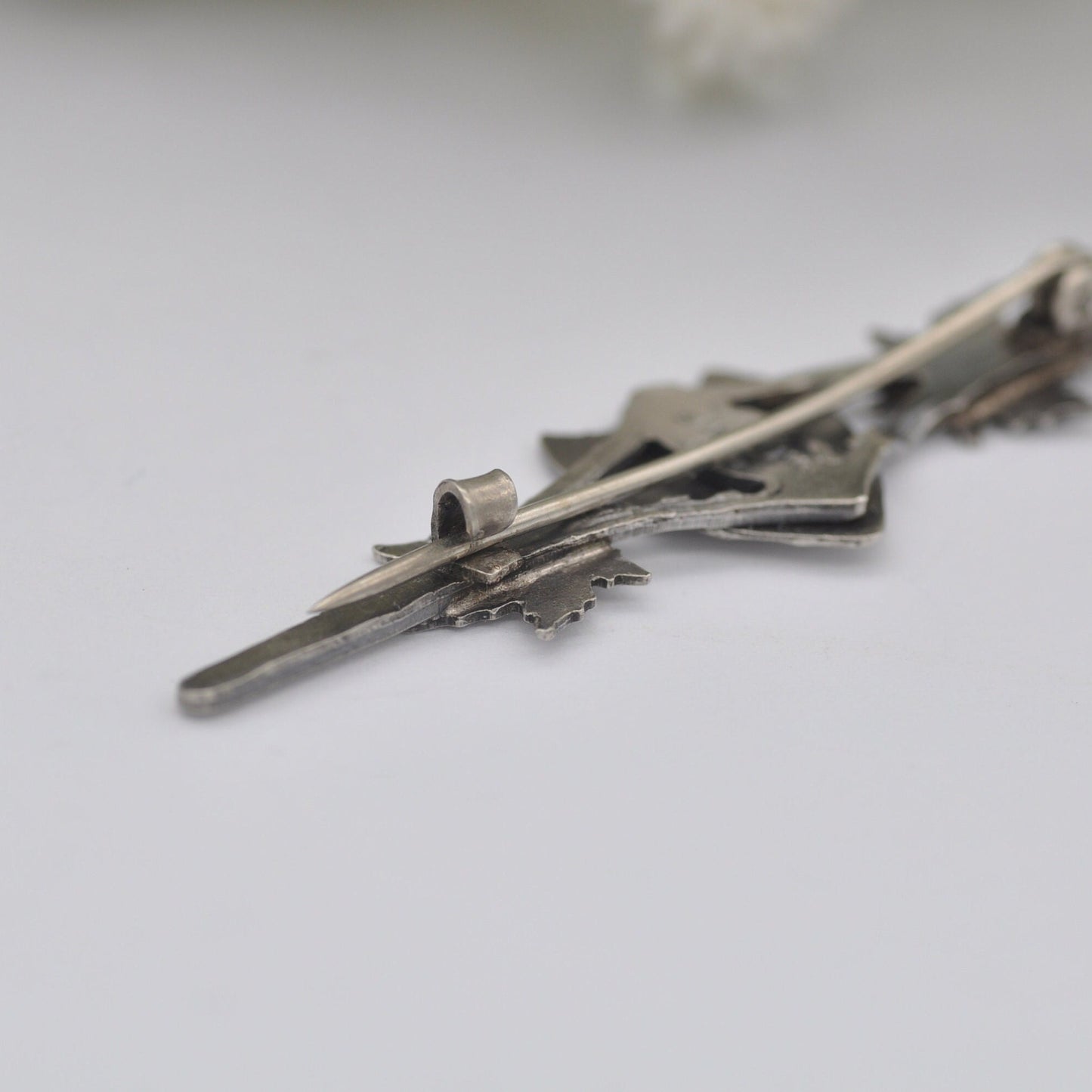 Antique Sterling Silver Engraved Shield Bar Brooch - Letter J Calligraphy | Maple Leaves