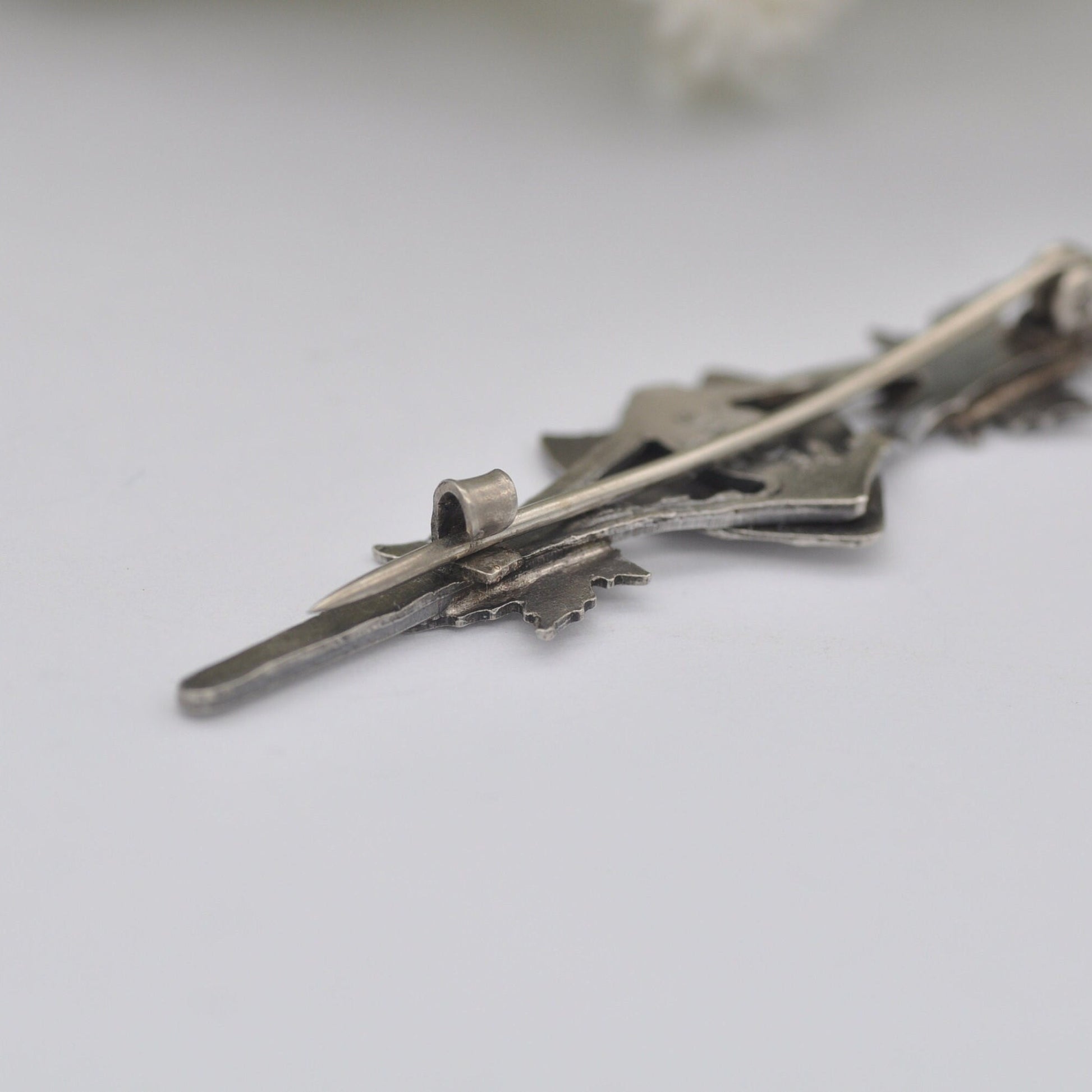Antique Sterling Silver Engraved Shield Bar Brooch - Letter J Calligraphy | Maple Leaves