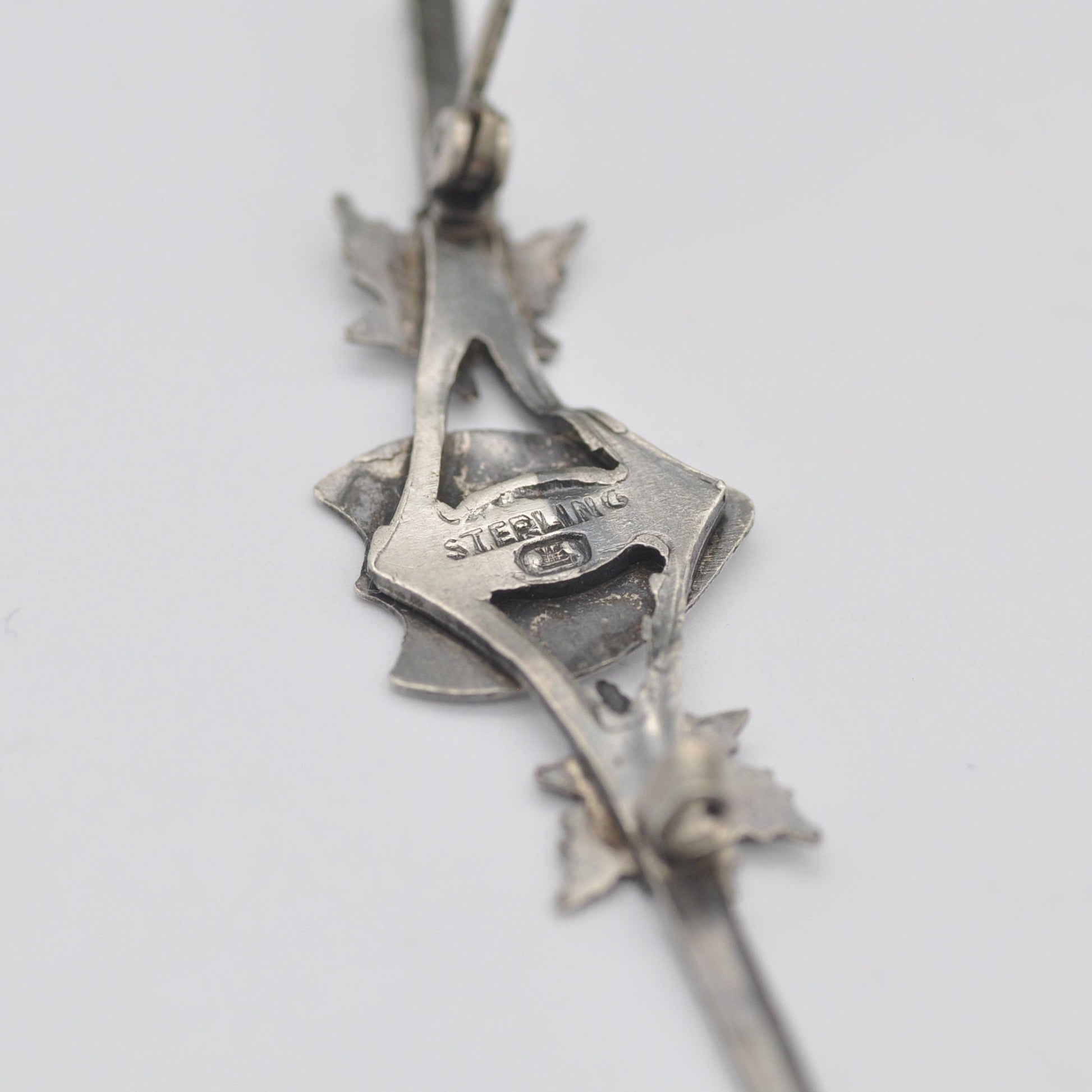 Antique Sterling Silver Engraved Shield Bar Brooch - Letter J Calligraphy | Maple Leaves