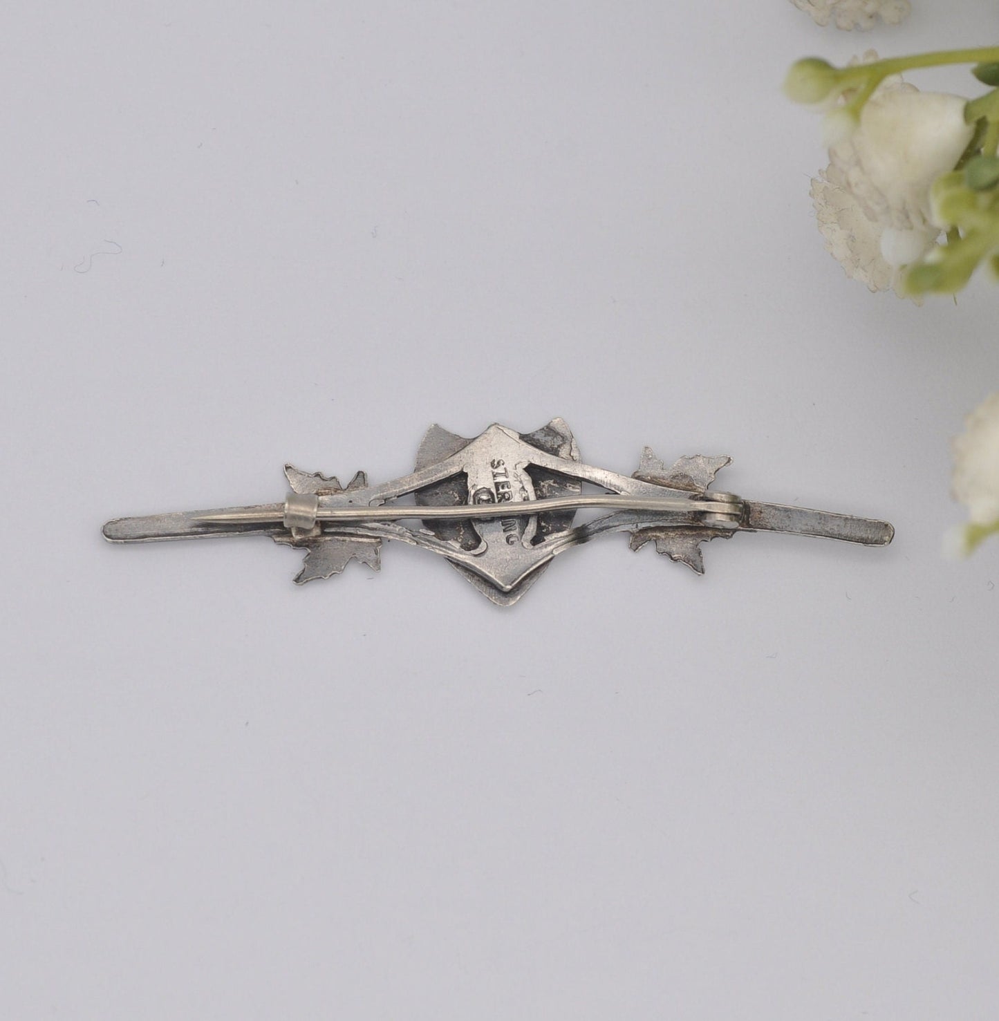 Antique Sterling Silver Engraved Shield Bar Brooch - Letter J Calligraphy | Maple Leaves