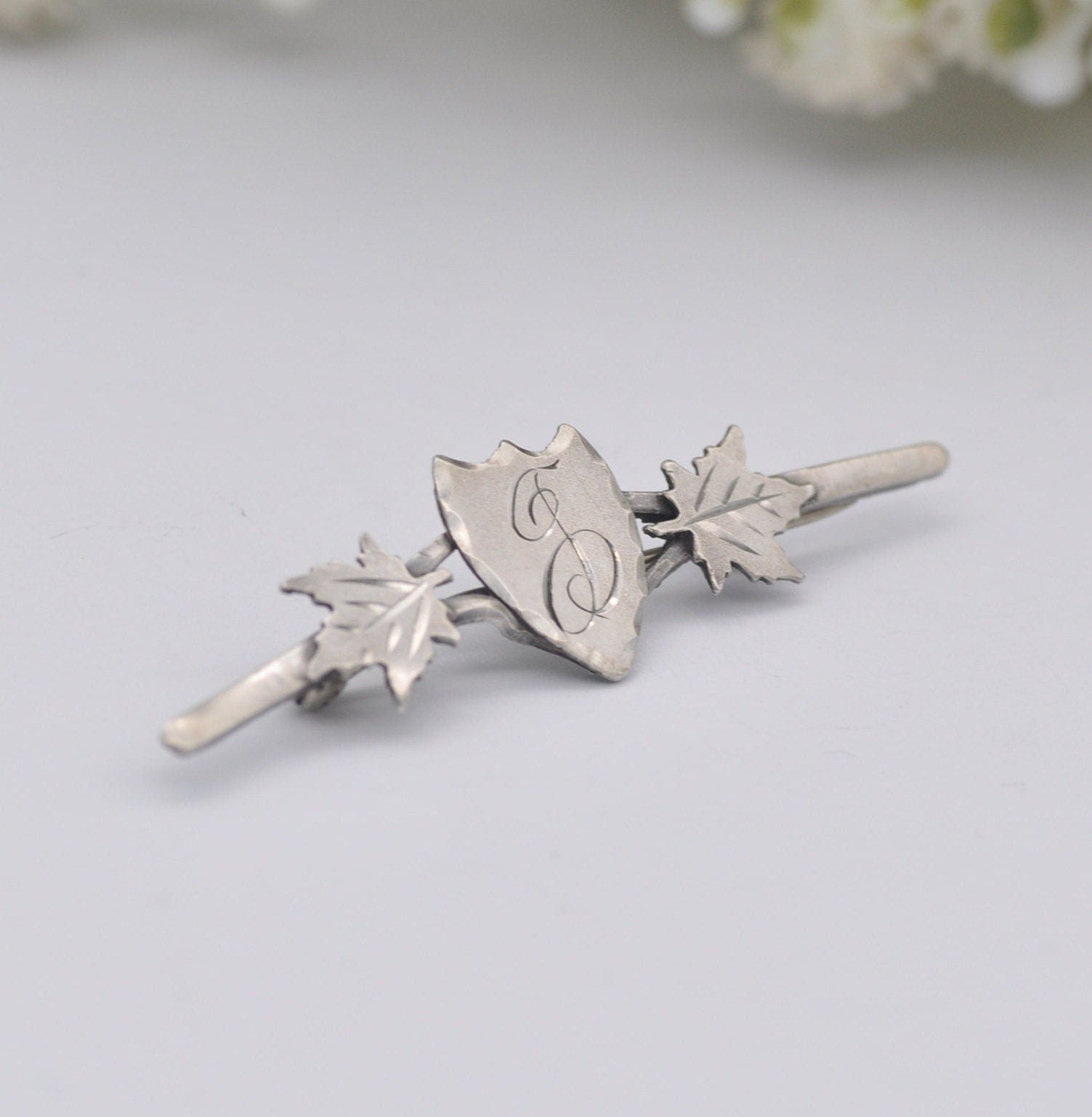 Antique Sterling Silver Engraved Shield Bar Brooch - Letter J Calligraphy | Maple Leaves