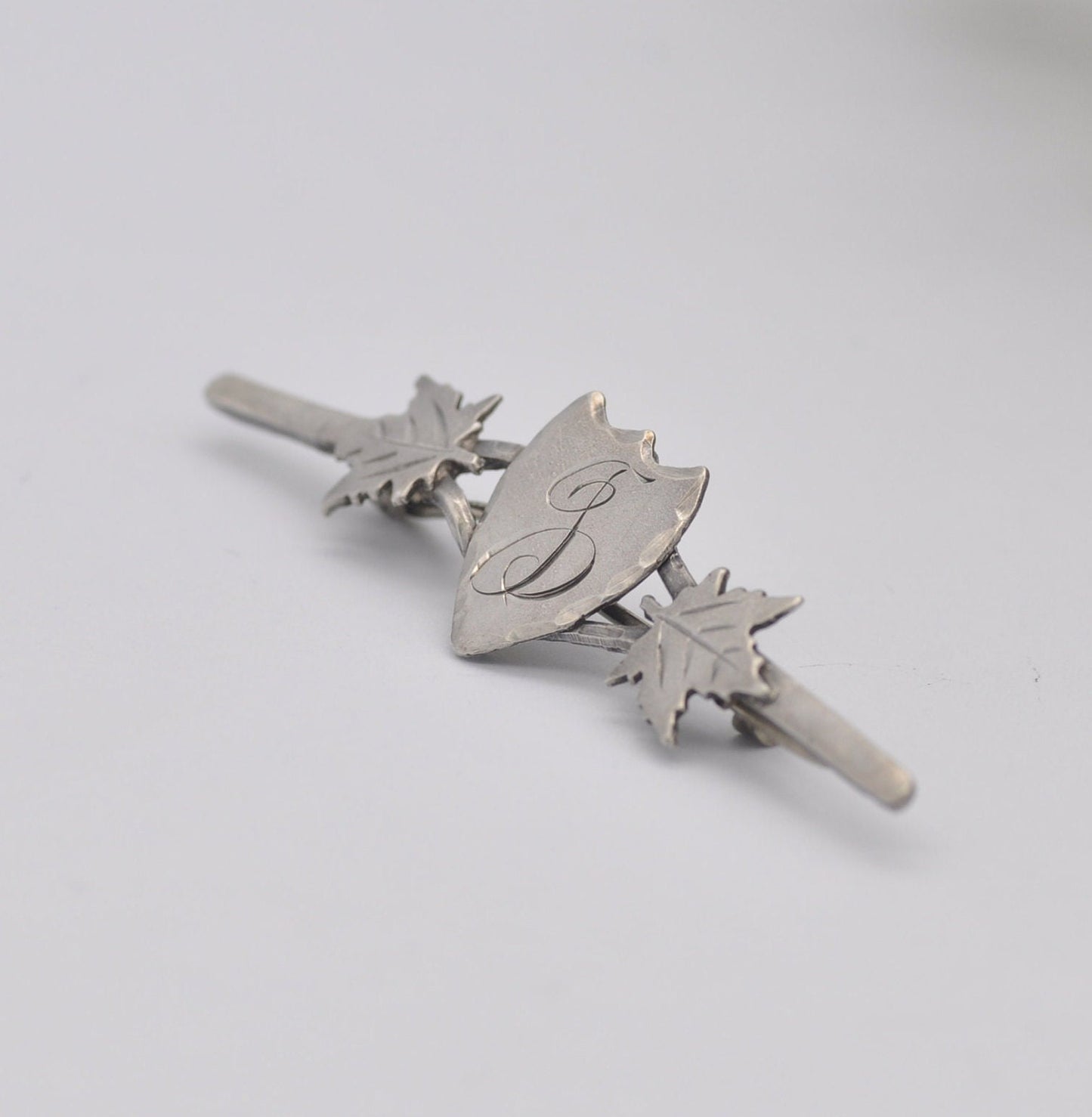 Antique Sterling Silver Engraved Shield Bar Brooch - Letter J Calligraphy | Maple Leaves