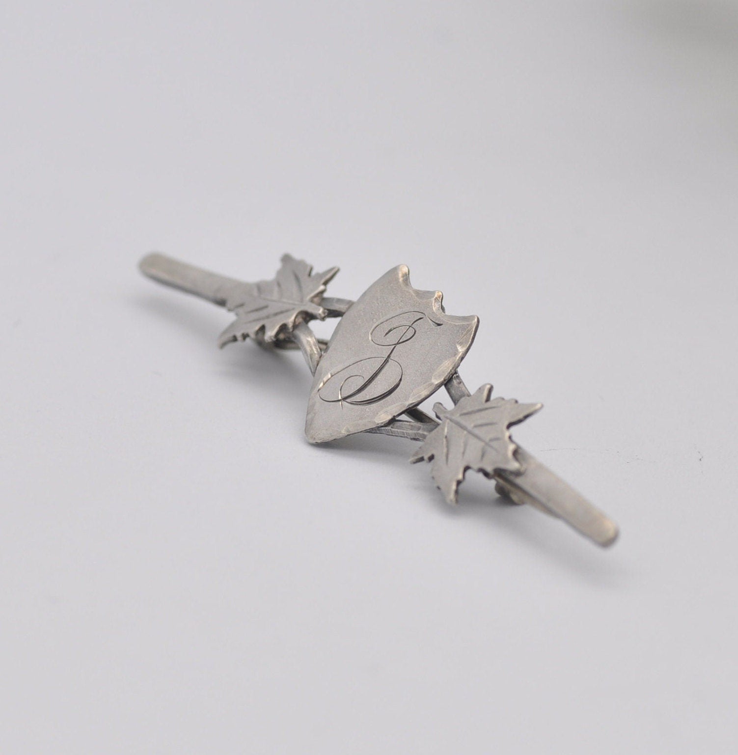 Antique Sterling Silver Engraved Shield Bar Brooch - Letter J Calligraphy | Maple Leaves