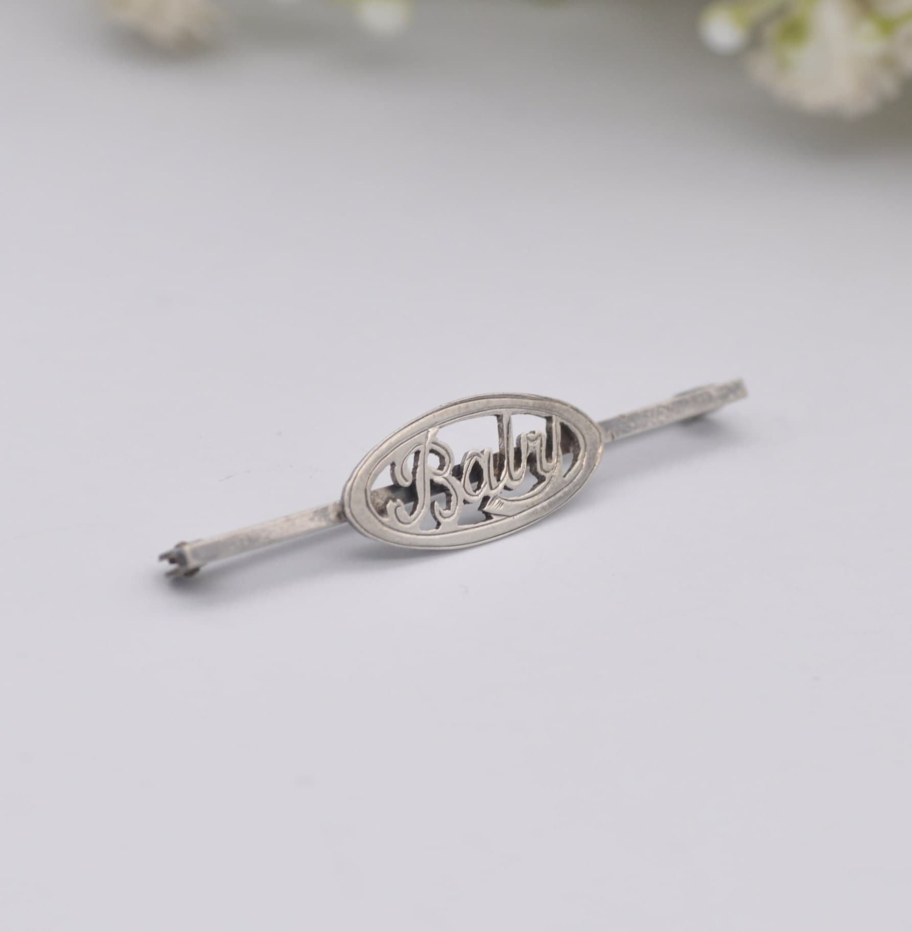 Antique Sterling Silver Baby Bar Brooch - Word Baby Pin