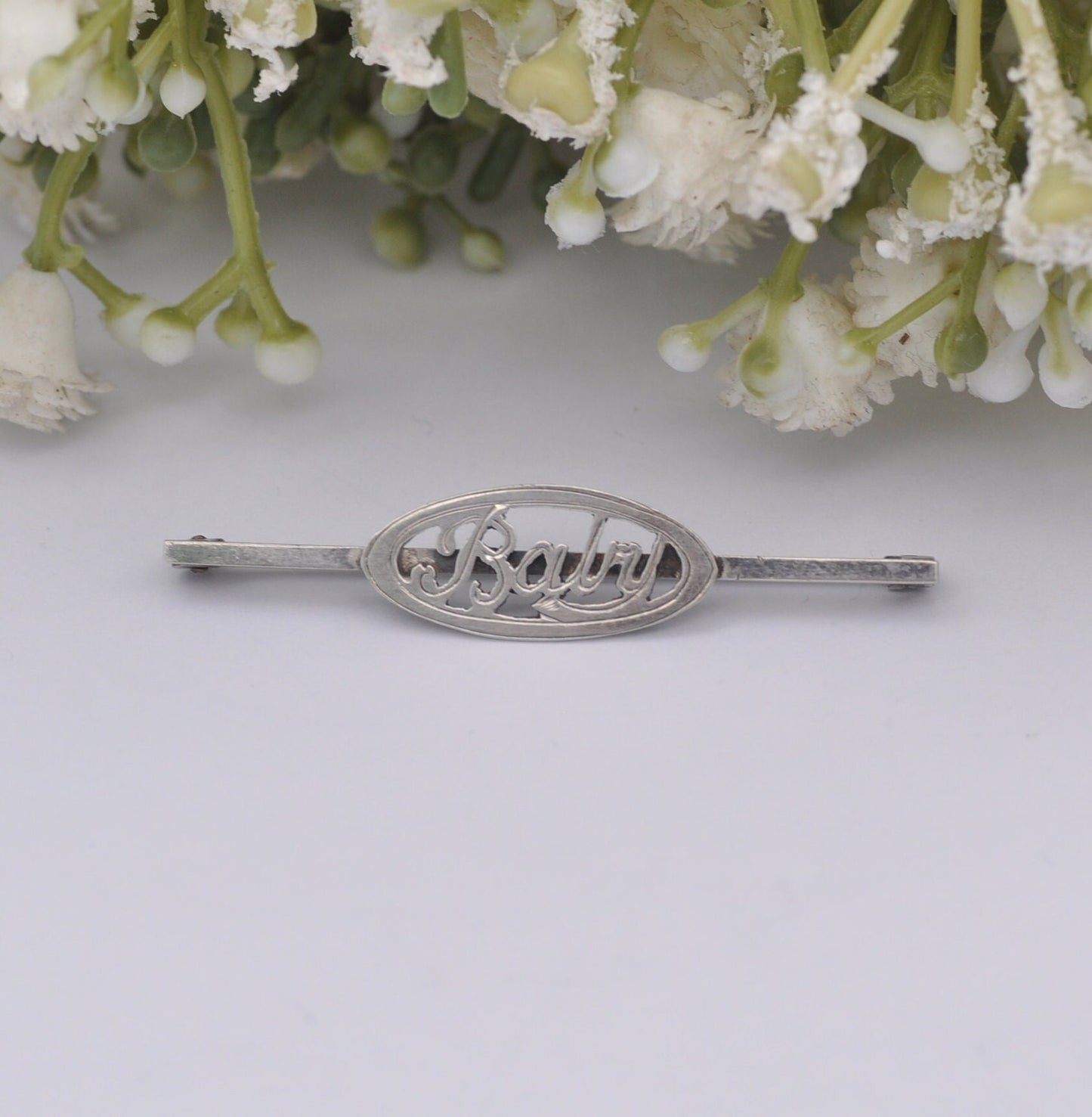 Antique Sterling Silver Baby Bar Brooch - Word Baby Pin