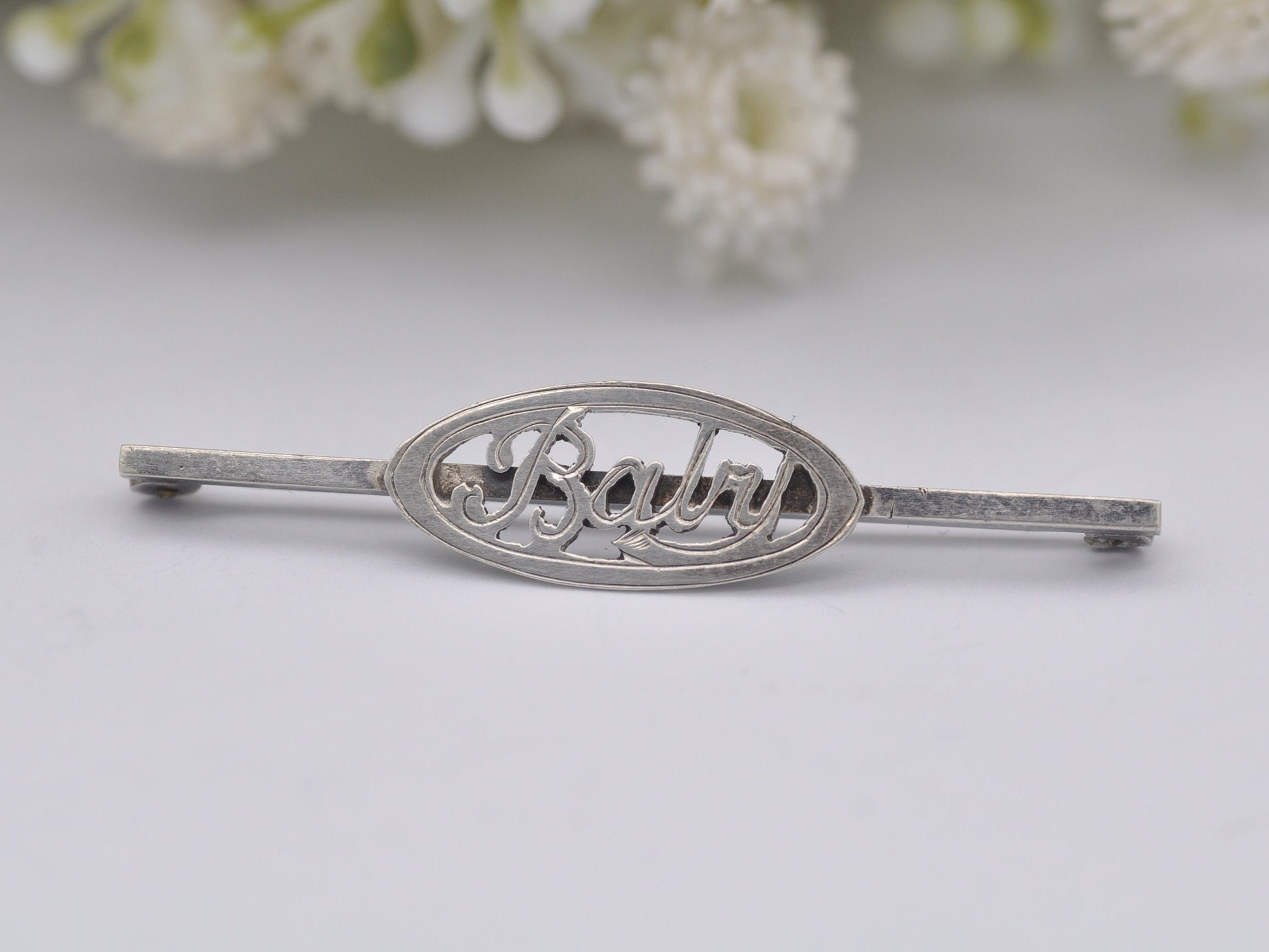 Antique Sterling Silver Baby Bar Brooch - Word Baby Pin