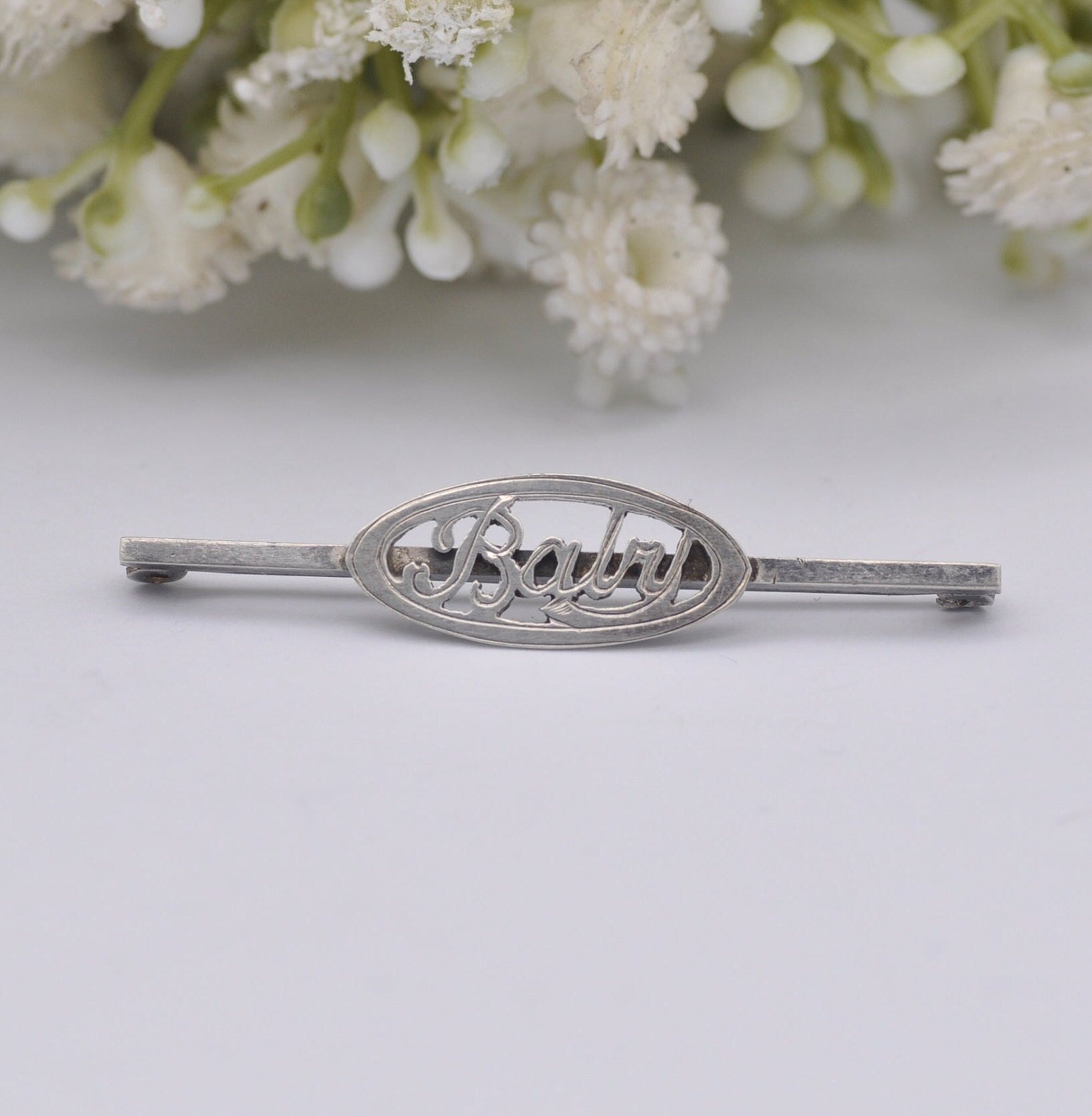 Antique Sterling Silver Baby Bar Brooch - Word Baby Pin