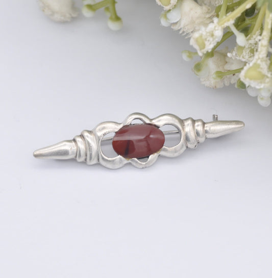 Vintage Sterling Silver Red Jasper Bar Brooch - Mid-Century Modernist Design