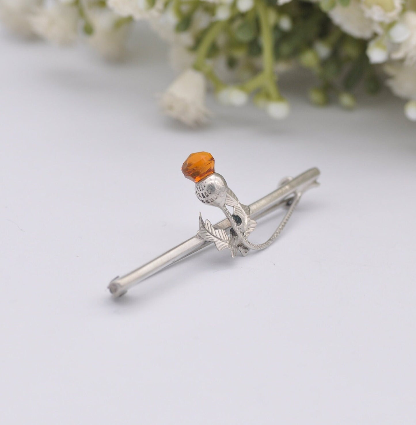 Antique Scottish Sterling Silver Thistle Bar Brooch - Orange Paste | Hand Engraved