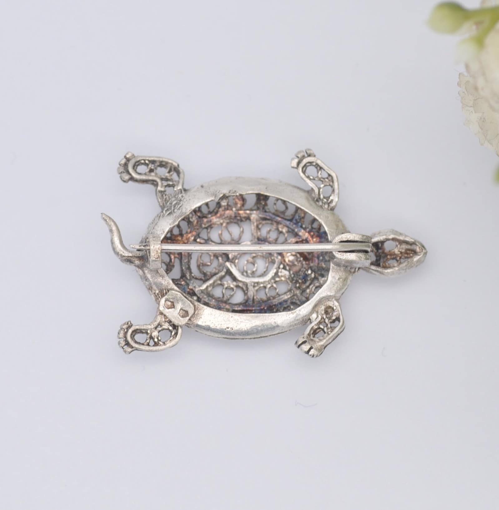 Vintage Sterling Silver Filigree Turtle Brooch - Openwork Novelty Animal Brooch