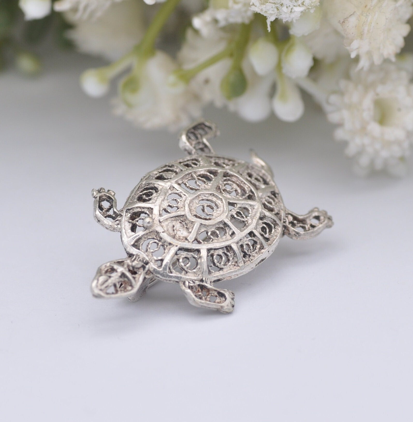 Vintage Sterling Silver Filigree Turtle Brooch - Openwork Novelty Animal Brooch