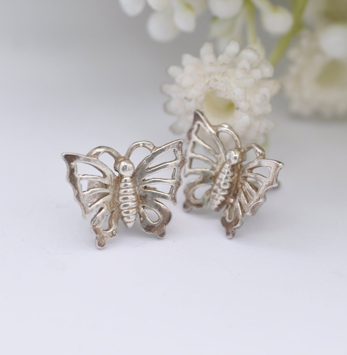 Vintage Sterling Silver Butterfly Stud Earrings - Openwork Silver | Flying Insect