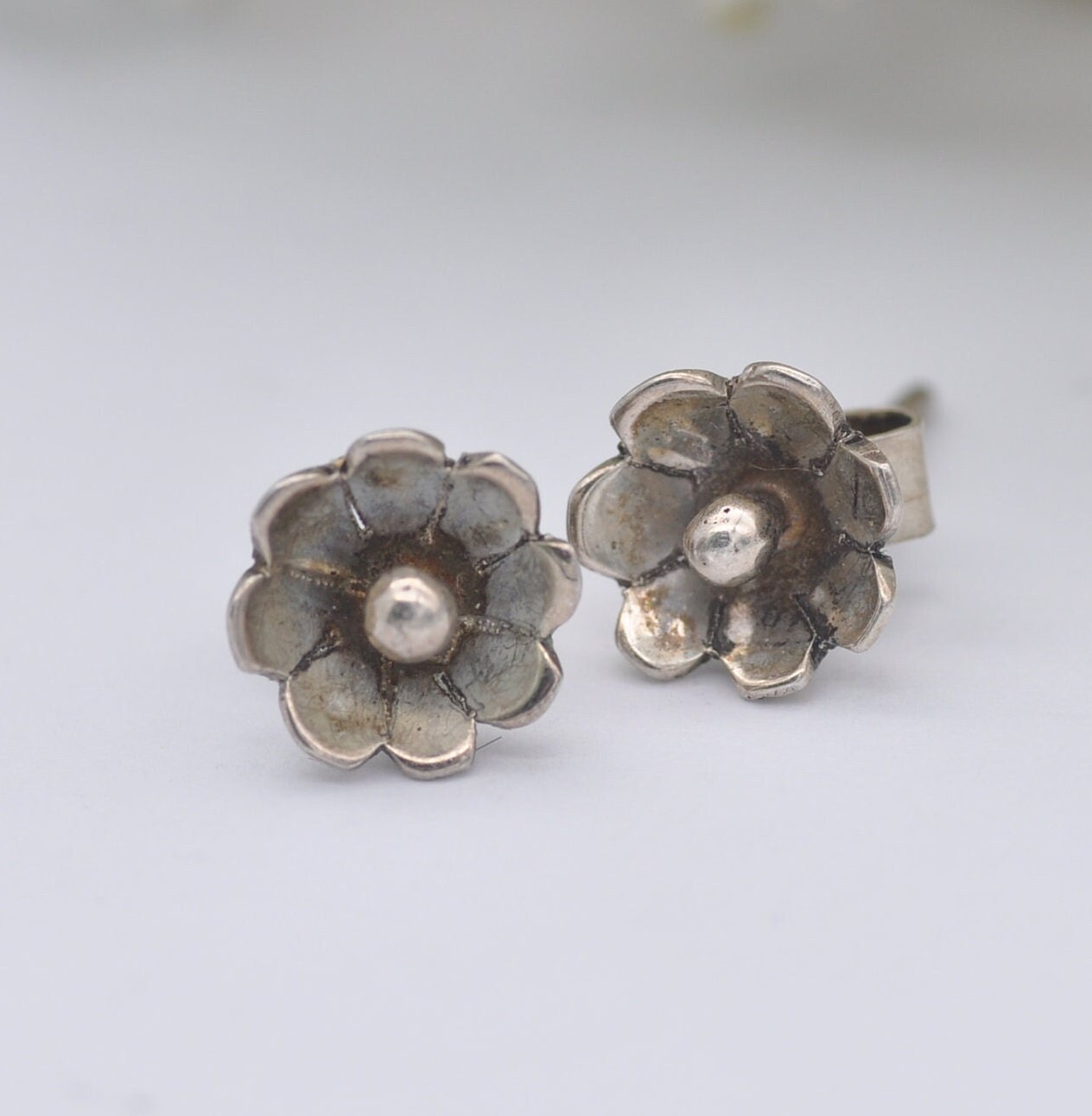 Sterling Silver Flower Stud Earrings - Minimalist Modernist Floral Style