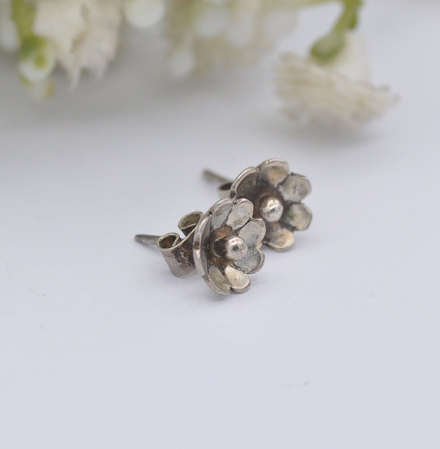 Sterling Silver Flower Stud Earrings - Minimalist Modernist Floral Style