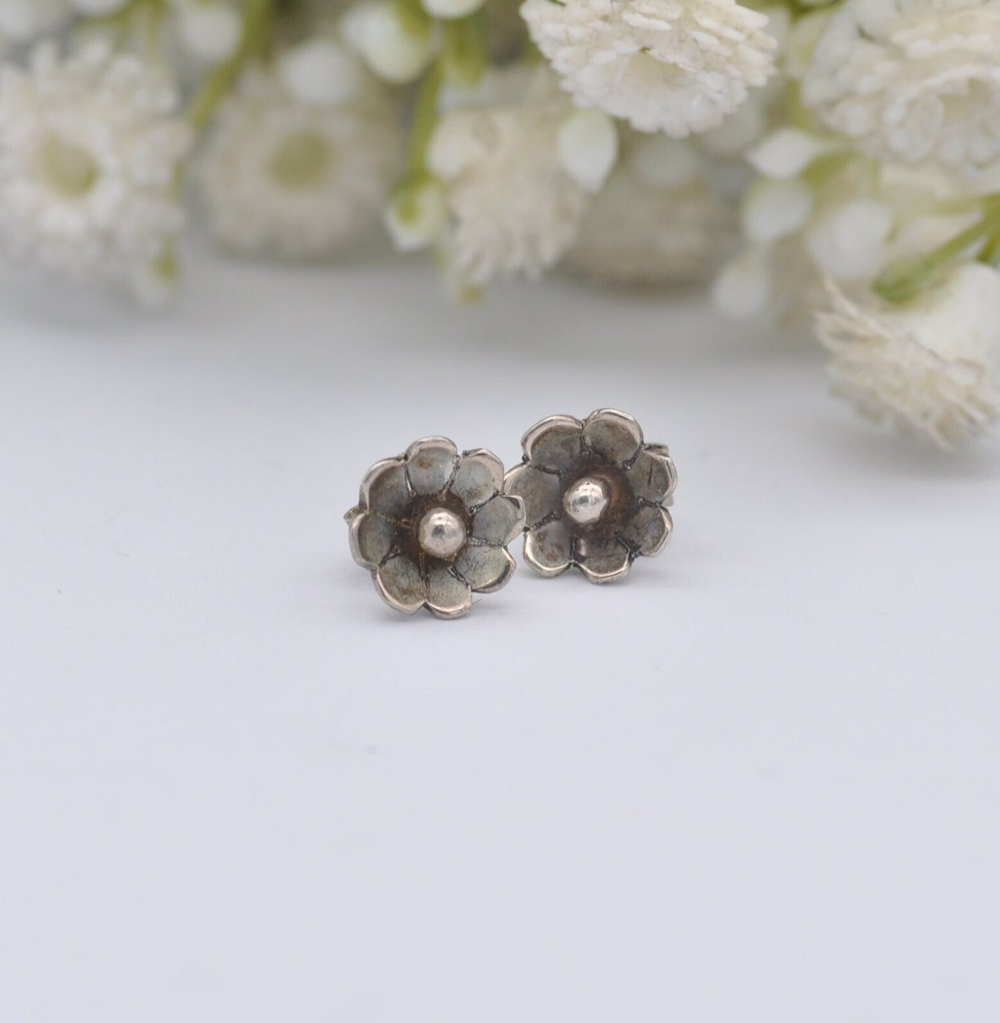 Sterling Silver Flower Stud Earrings - Minimalist Modernist Floral Style