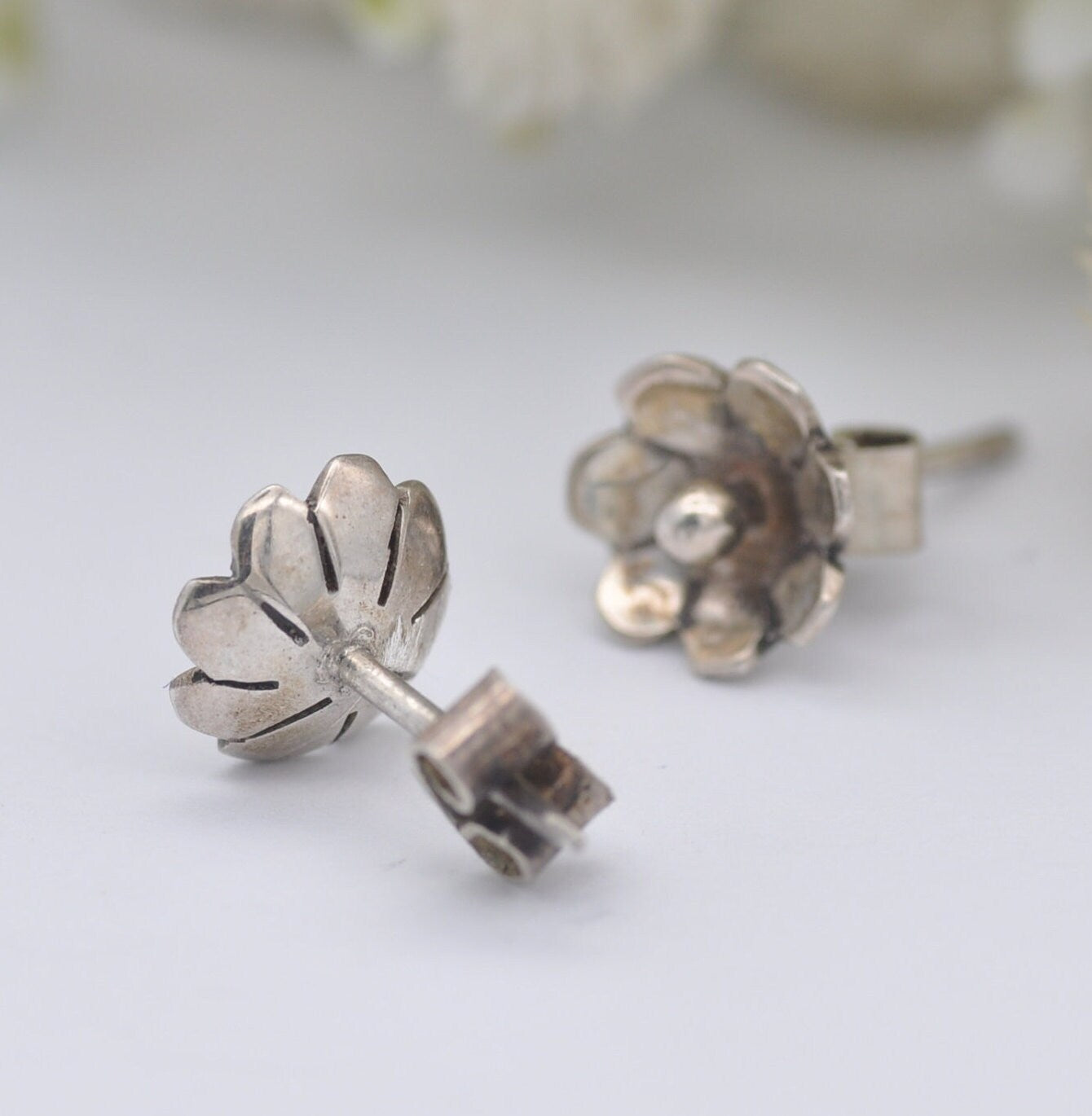 Sterling Silver Flower Stud Earrings - Minimalist Modernist Floral Style