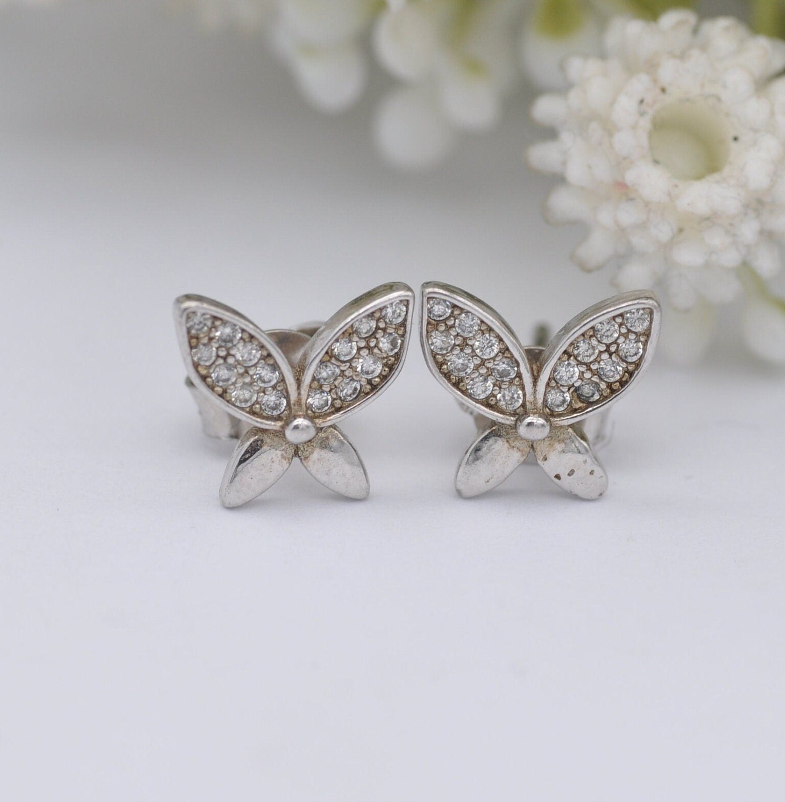 Sterling Silver Diamond Butterfly Stud Earrings - Insect Theme Jewellery | Diamond Cluster Wings