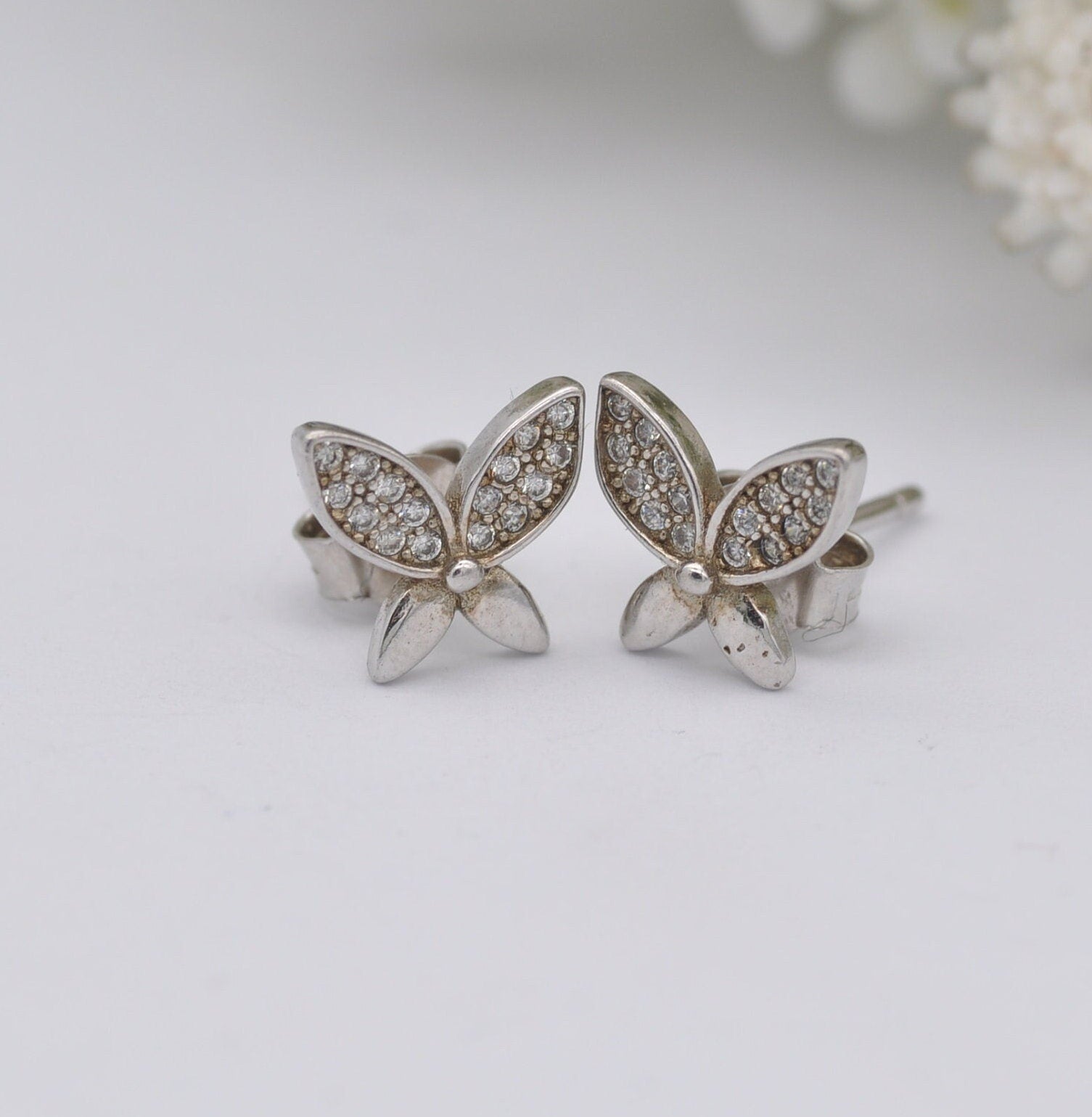 Sterling Silver Diamond Butterfly Stud Earrings - Insect Theme Jewellery | Diamond Cluster Wings