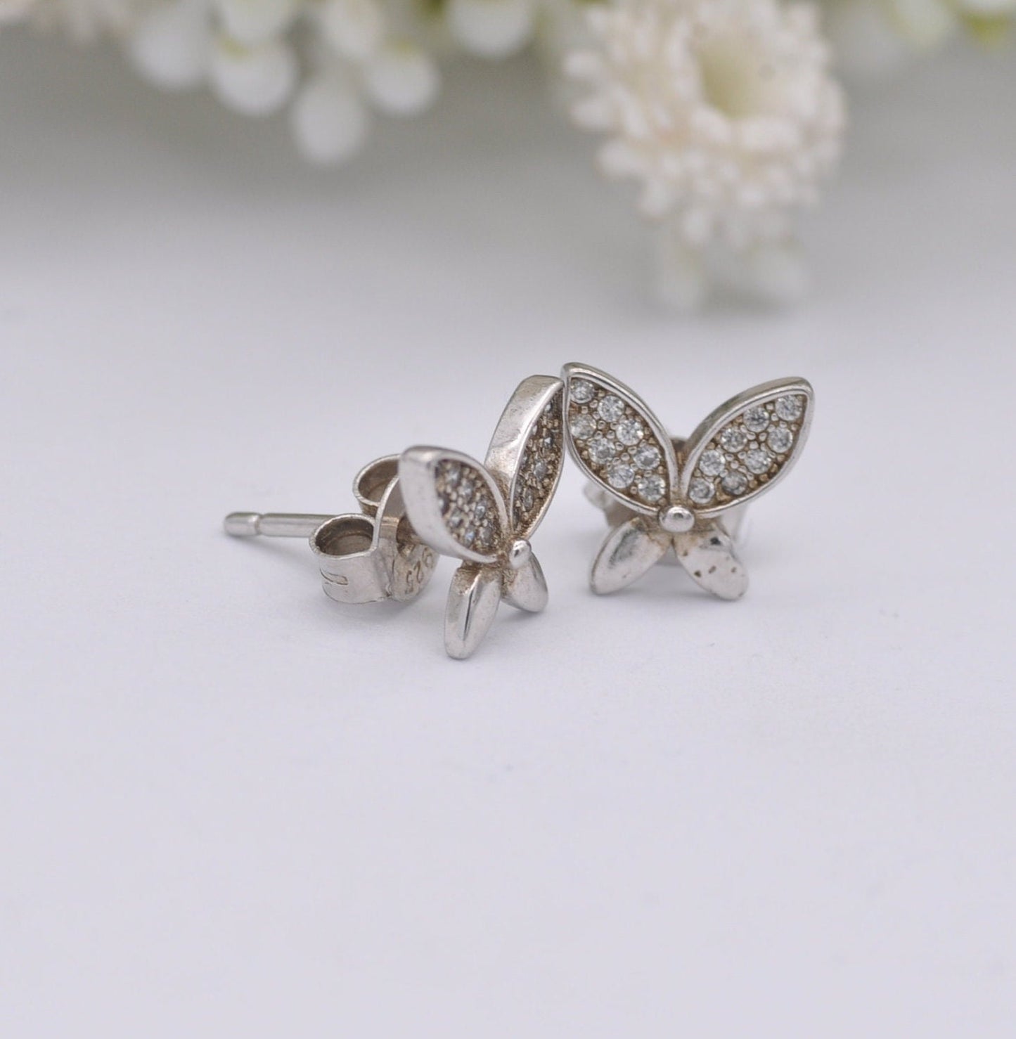 Sterling Silver Diamond Butterfly Stud Earrings - Insect Theme Jewellery | Diamond Cluster Wings