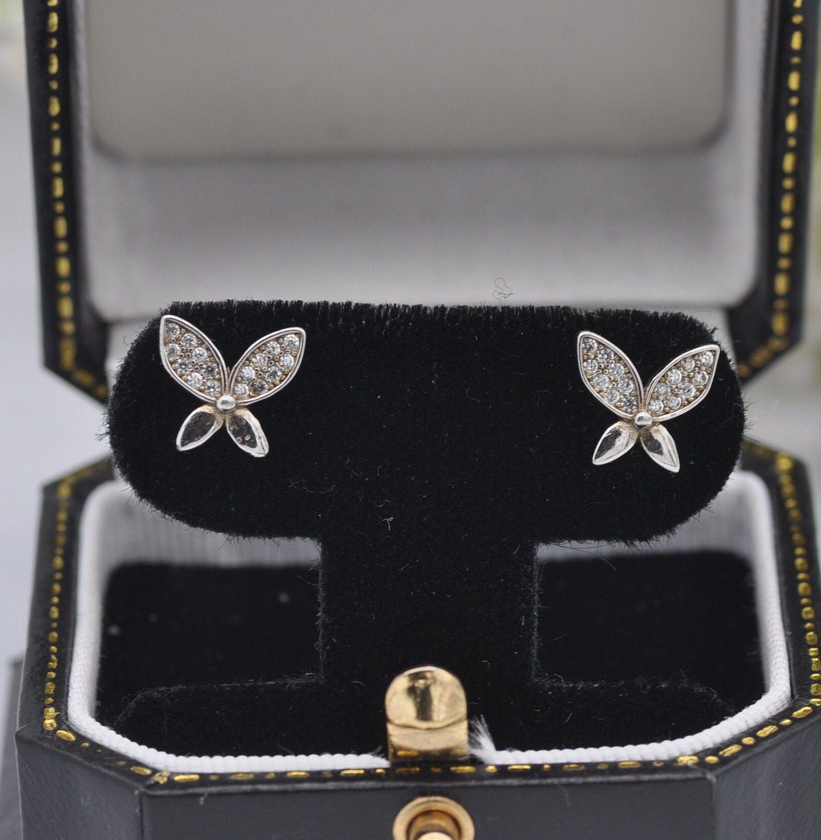 Sterling Silver Diamond Butterfly Stud Earrings - Insect Theme Jewellery | Diamond Cluster Wings