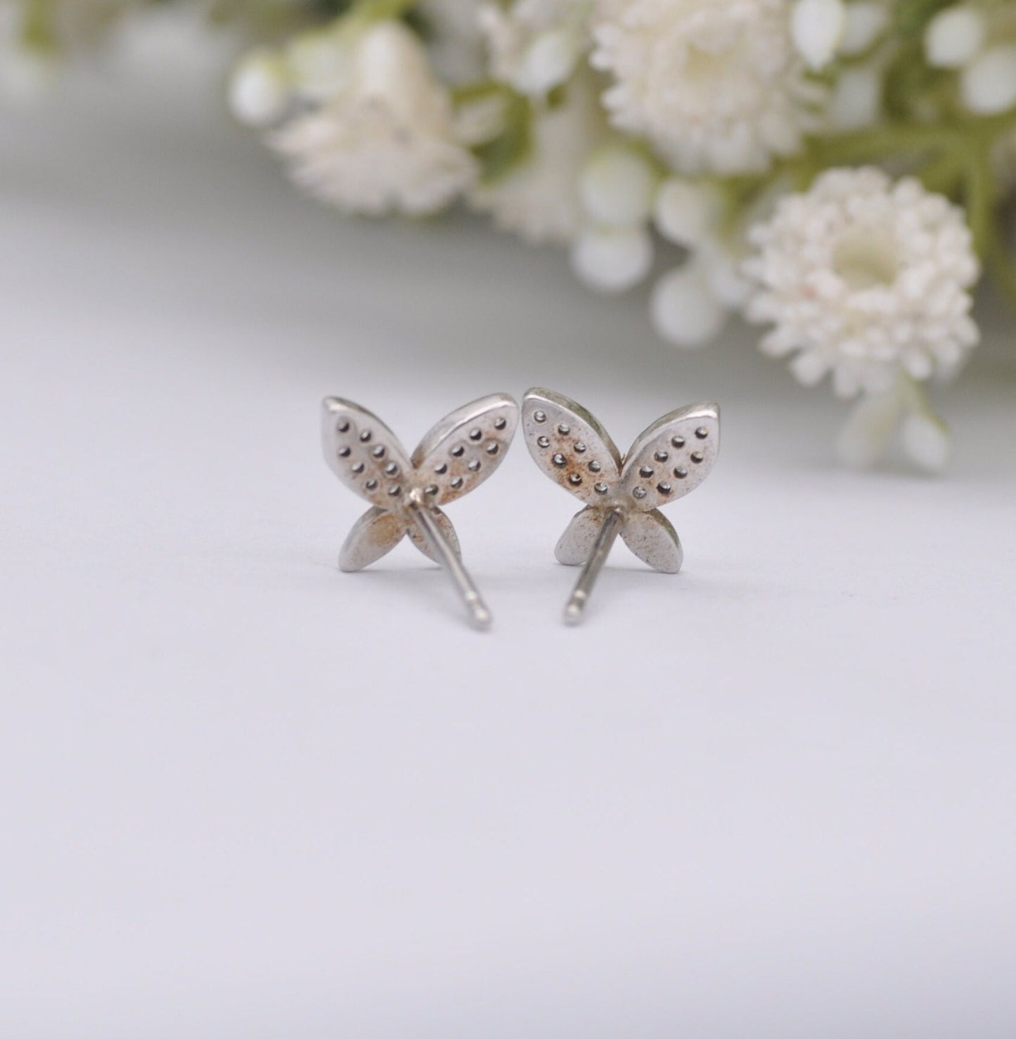 Sterling Silver Diamond Butterfly Stud Earrings - Insect Theme Jewellery | Diamond Cluster Wings