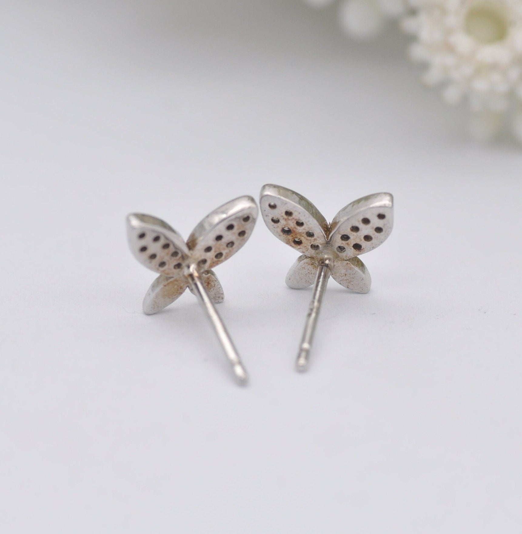 Sterling Silver Diamond Butterfly Stud Earrings - Insect Theme Jewellery | Diamond Cluster Wings