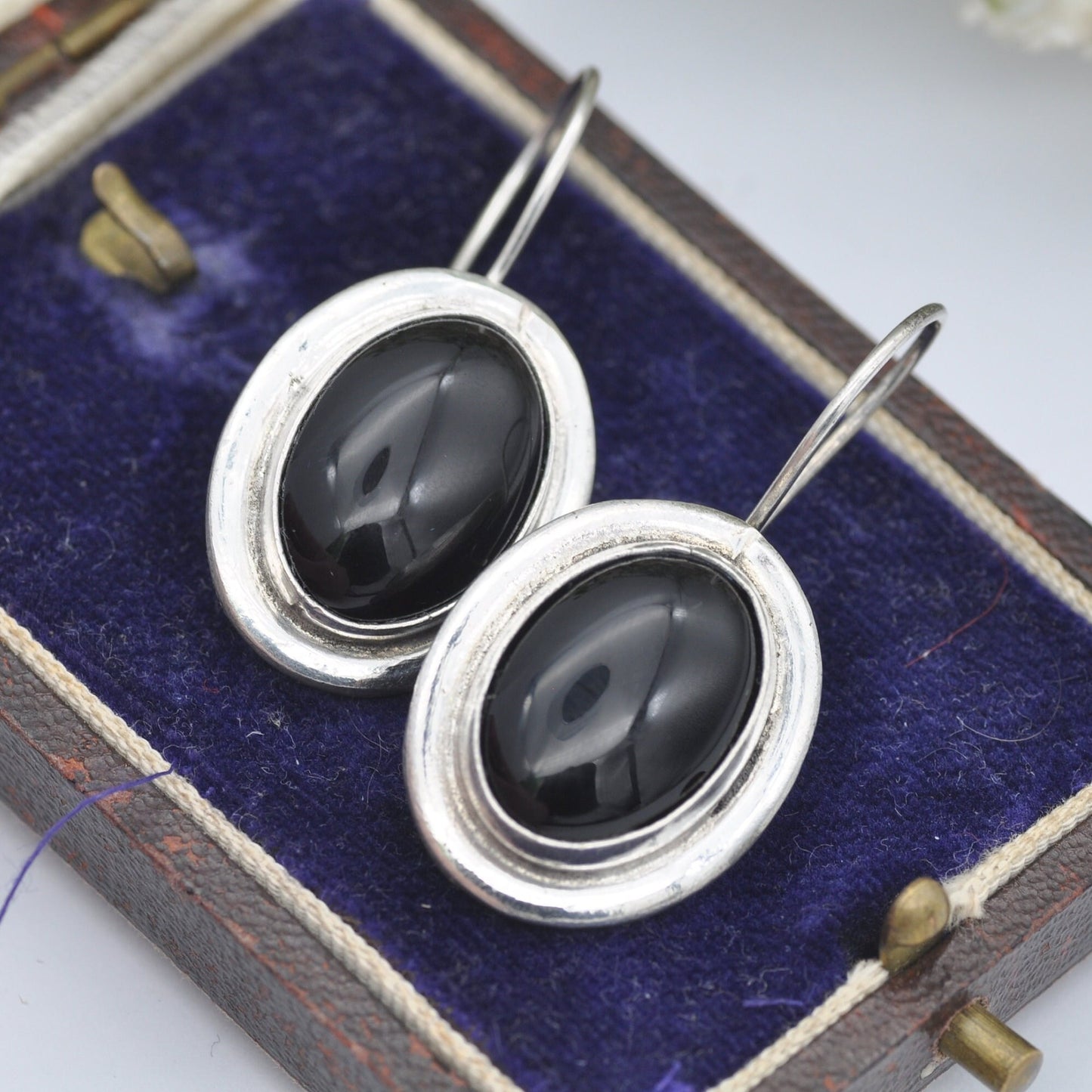 Vintage Silver Onyx Drop Earrings - Large Statement Cabochon Gemstones