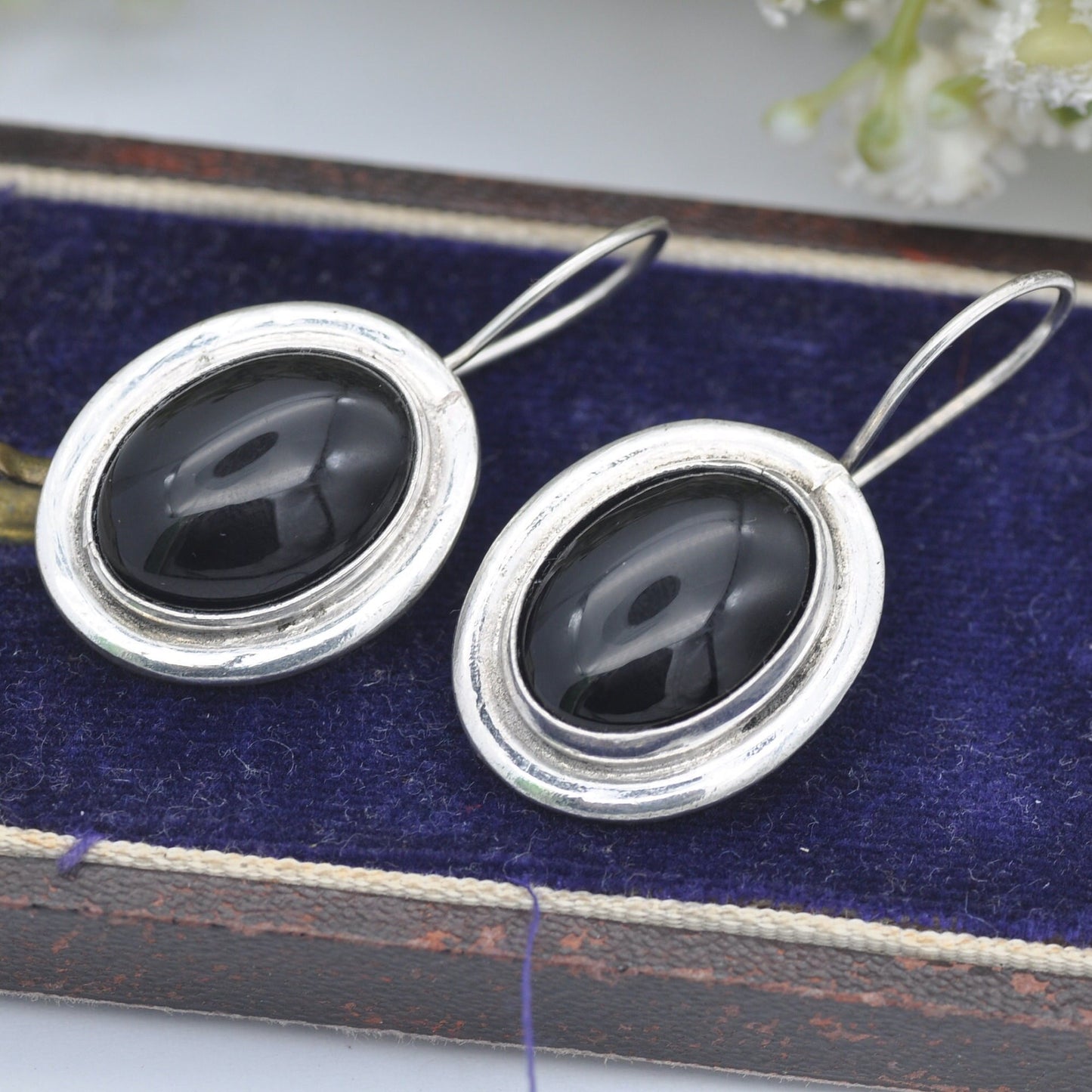 Vintage Silver Onyx Drop Earrings - Large Statement Cabochon Gemstones