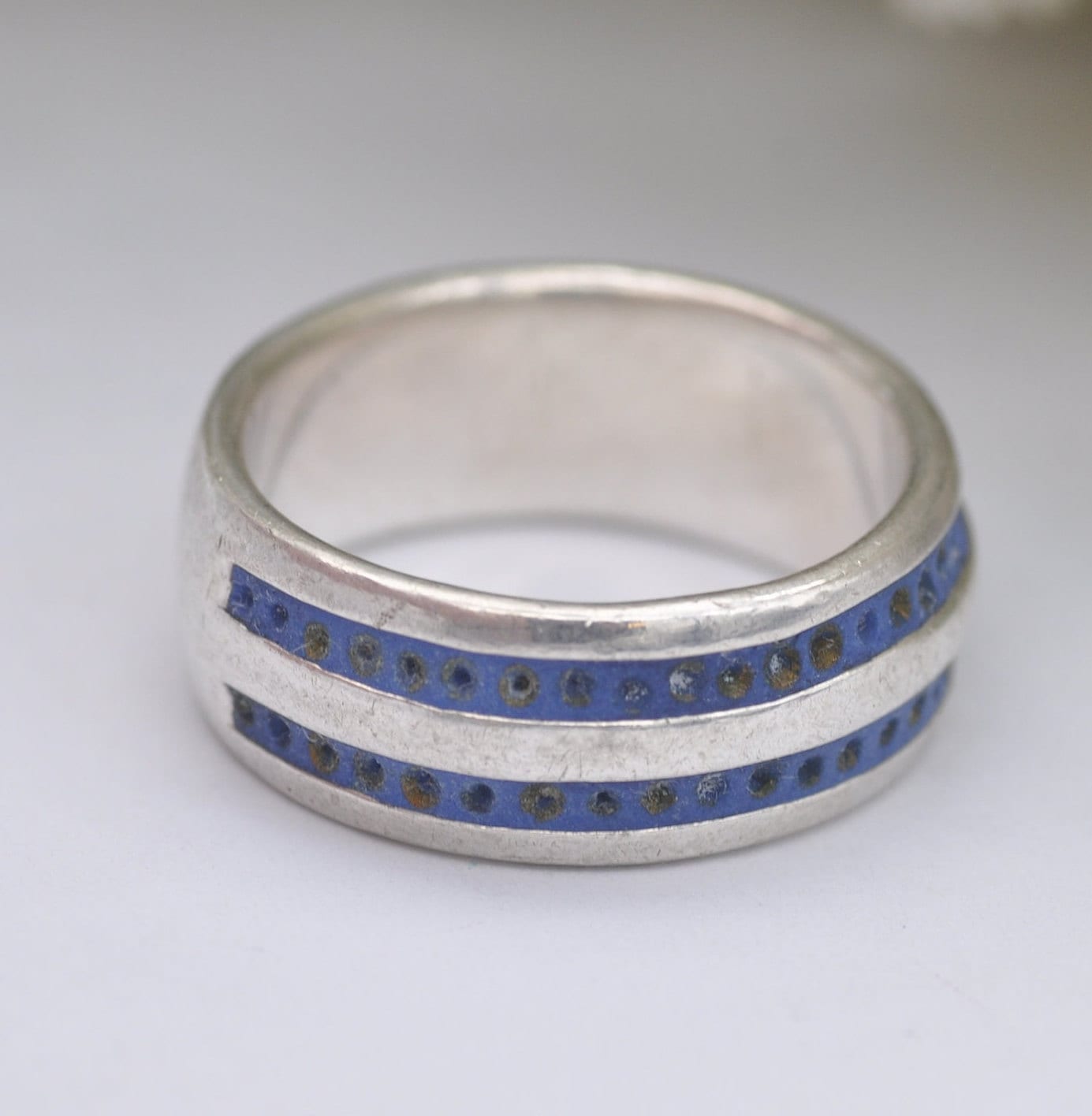 Vintage Sterling Silver Blue Enamel Band Ring - Unisex Silver | UK Size - N | US Size - 6 3/4