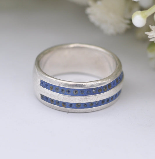 Vintage Sterling Silver Blue Enamel Band Ring - Unisex Silver | UK Size - N | US Size - 6 3/4