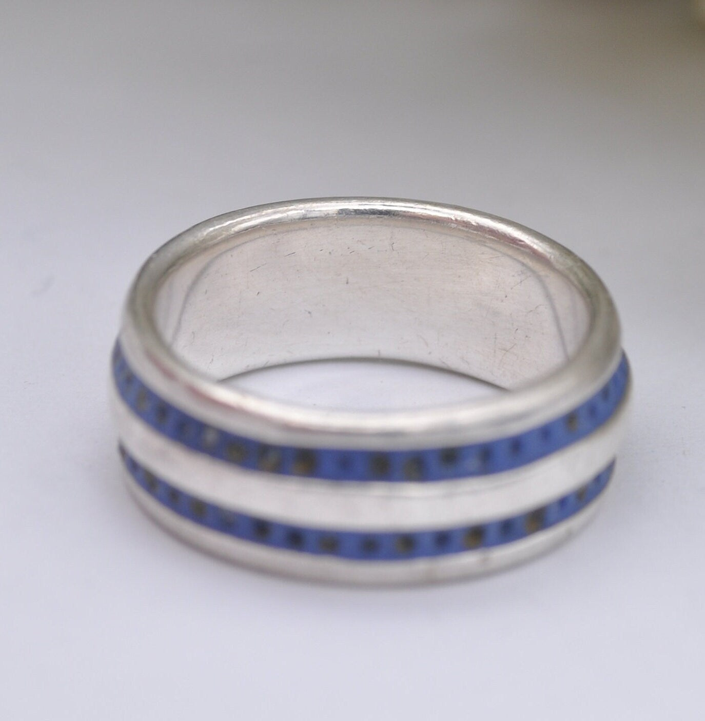 Vintage Sterling Silver Blue Enamel Band Ring - Unisex Silver | UK Size - N | US Size - 6 3/4