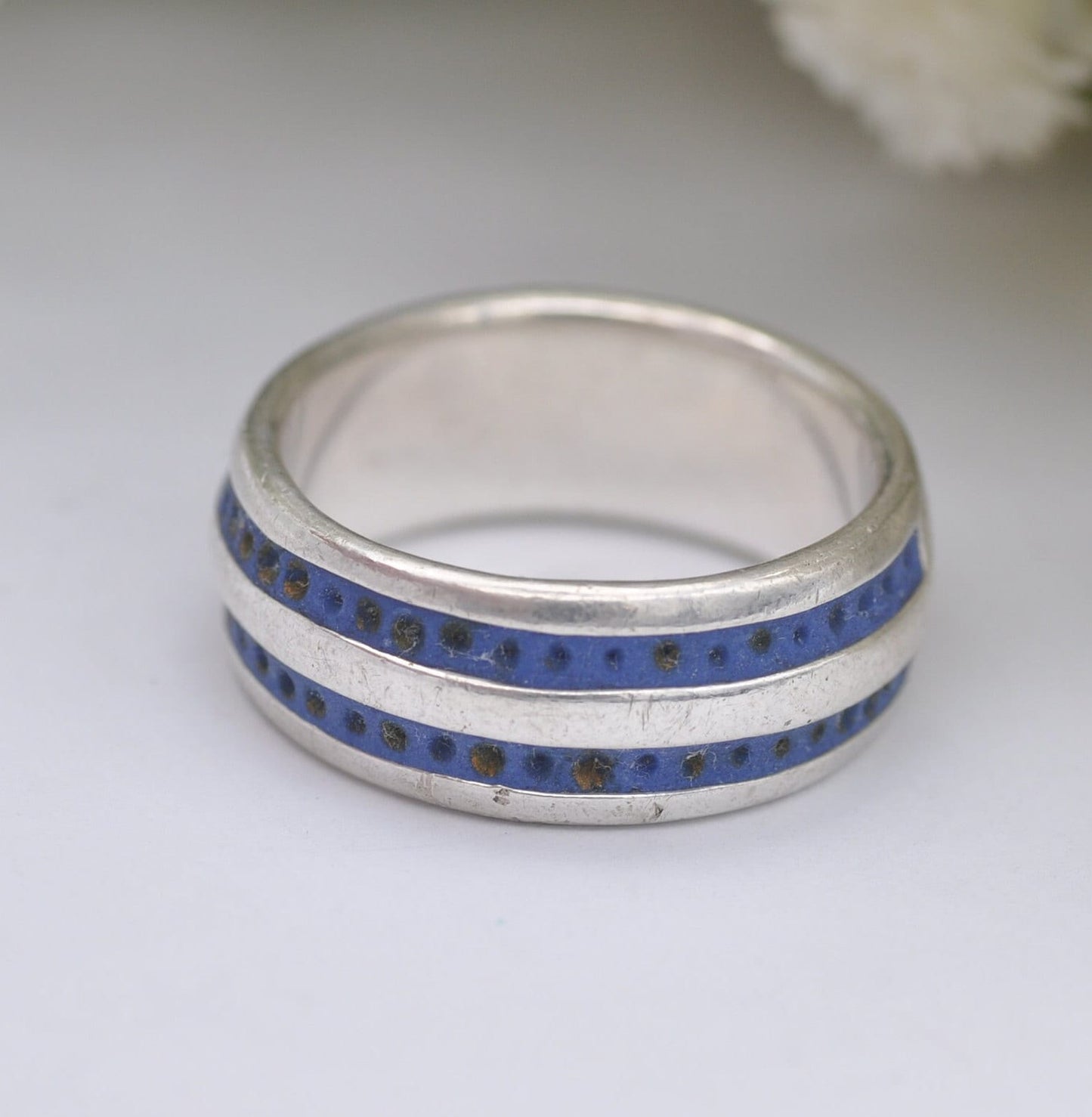 Vintage Sterling Silver Blue Enamel Band Ring - Unisex Silver | UK Size - N | US Size - 6 3/4