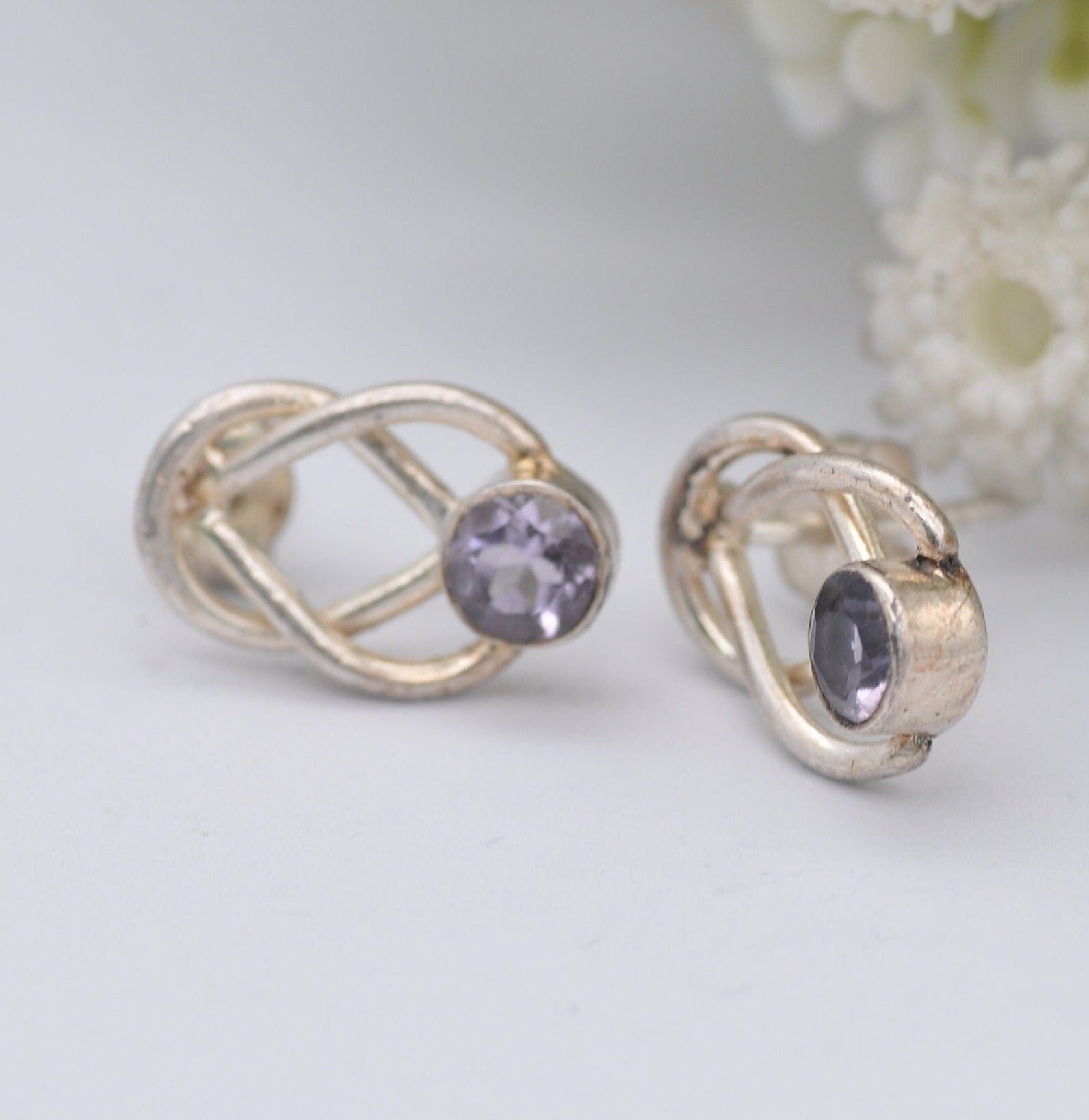 Vintage Sterling Silver Amethyst Celtic Twist Stud Drop Earrings