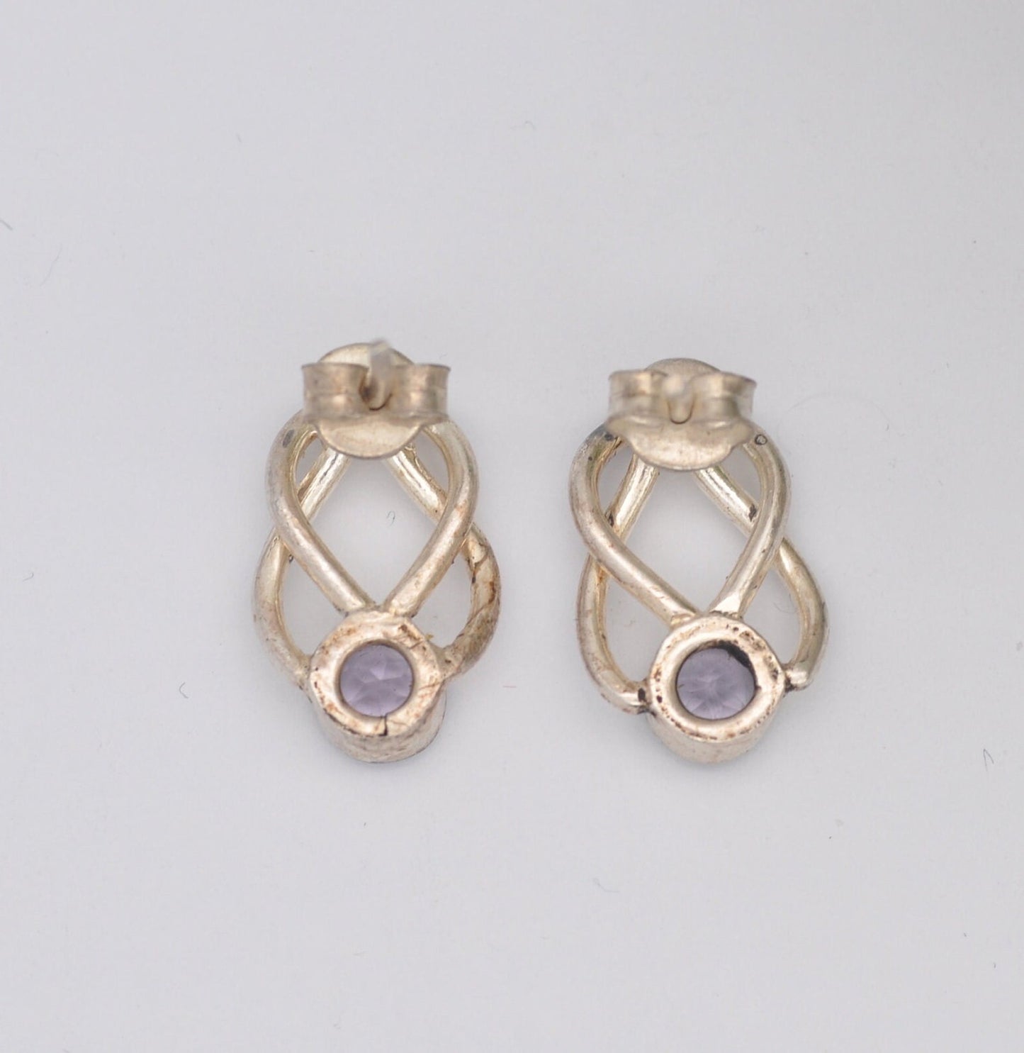 Vintage Sterling Silver Amethyst Celtic Twist Stud Drop Earrings