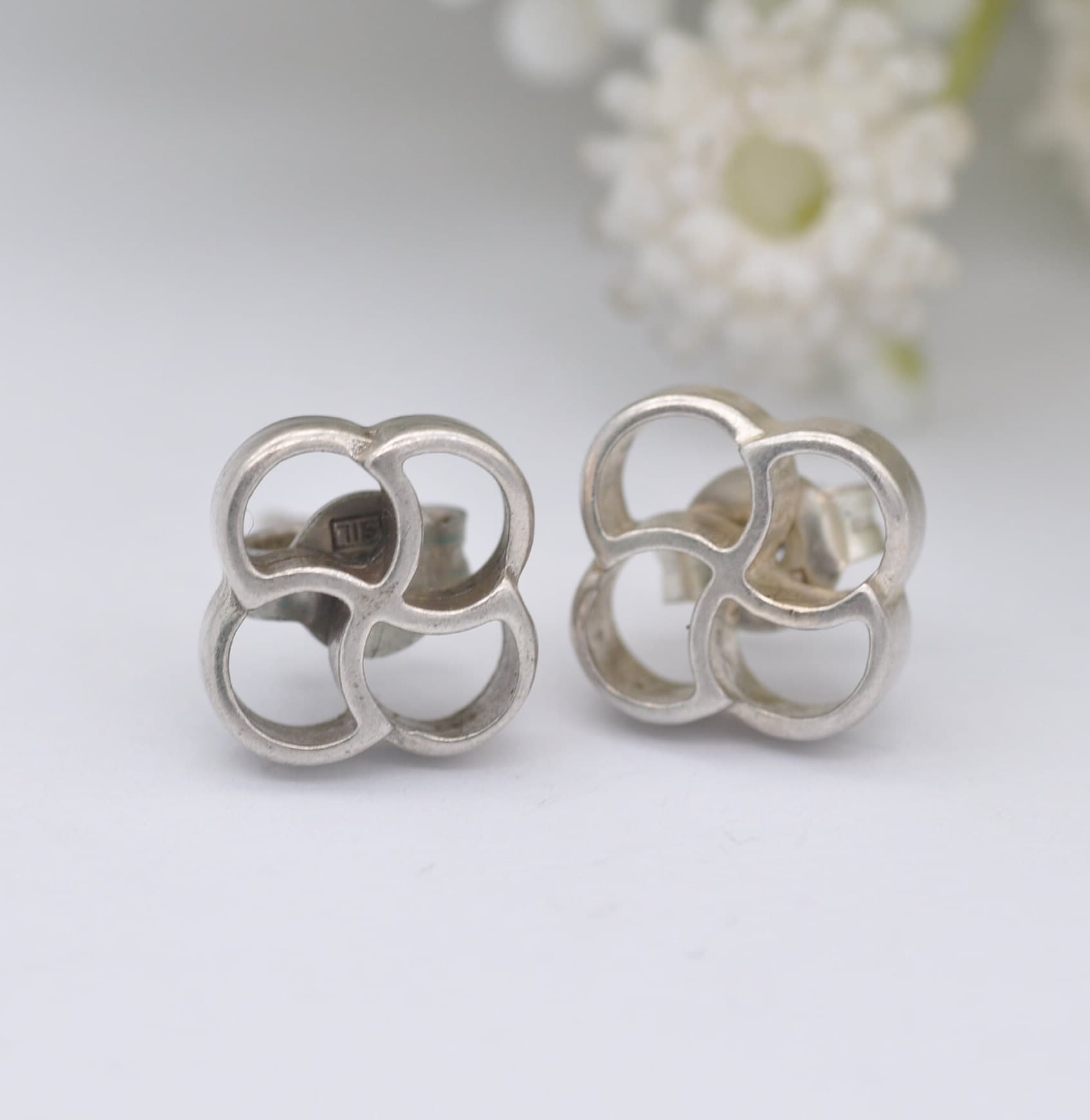 Vintage Sterling Silver Large Flower Stud Earrings - Openwork Sculptural Floral Design