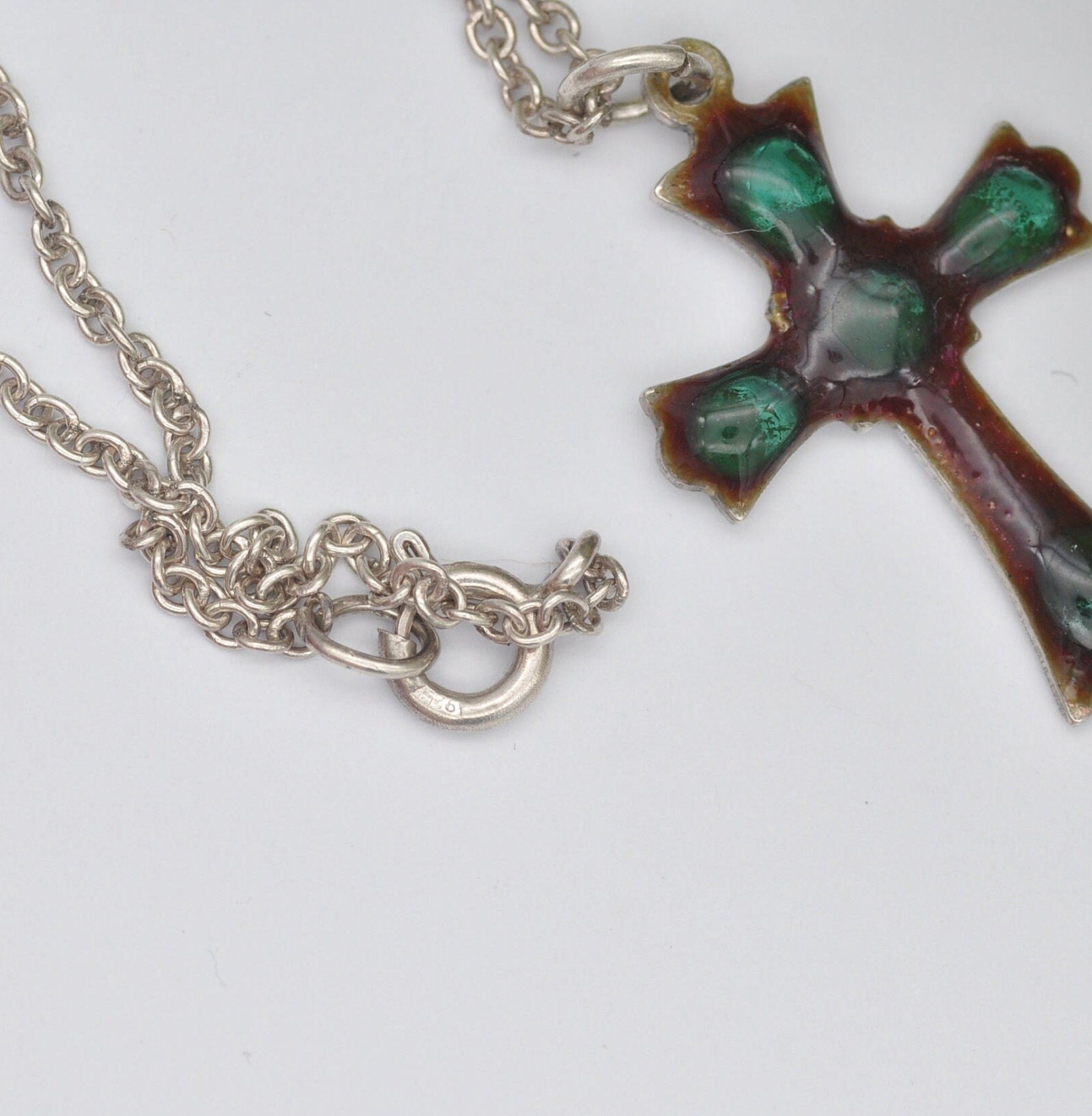 Vintage Sterling Silver Enamel Cross Pendant Necklace on a Cable Link Chain