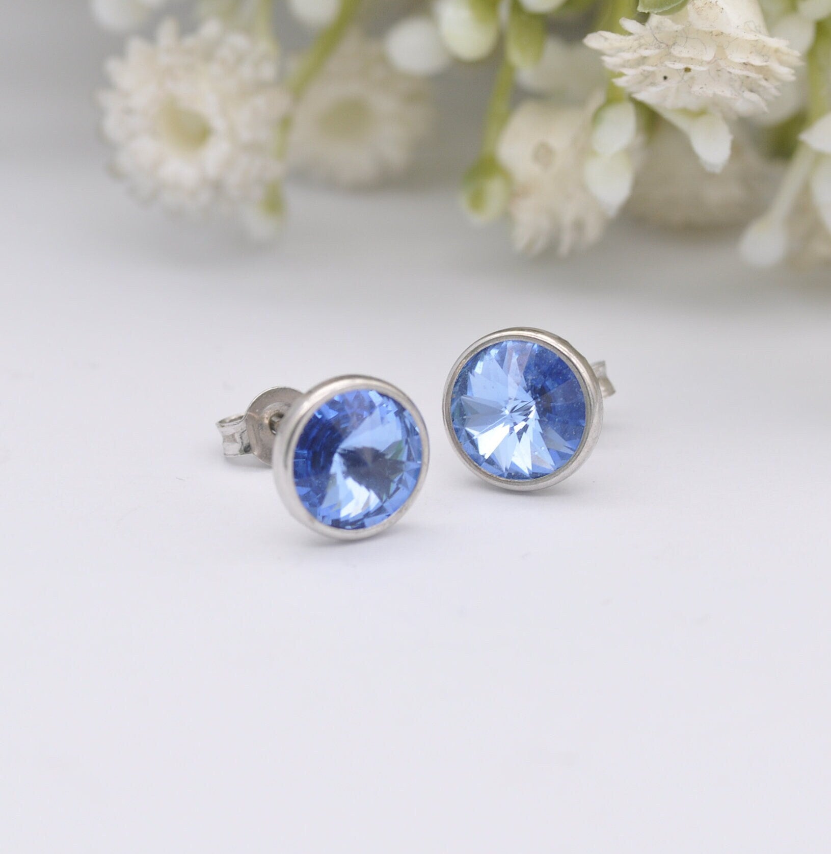 Sterling Silver Blue Crystal Stud Earrings