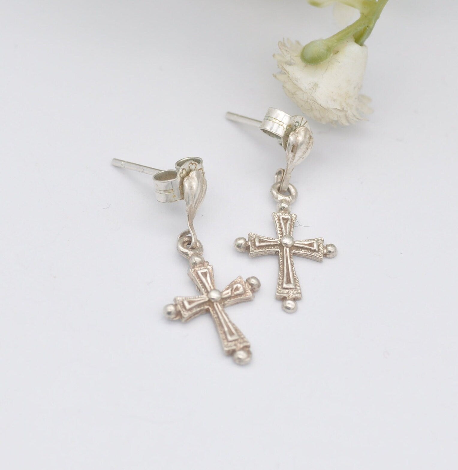 Vintage Sterling Silver Cross Drop Earrings - Christian Cross