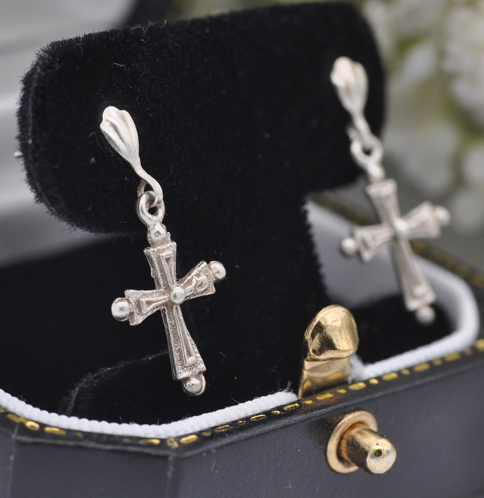 Vintage Sterling Silver Cross Drop Earrings - Christian Cross