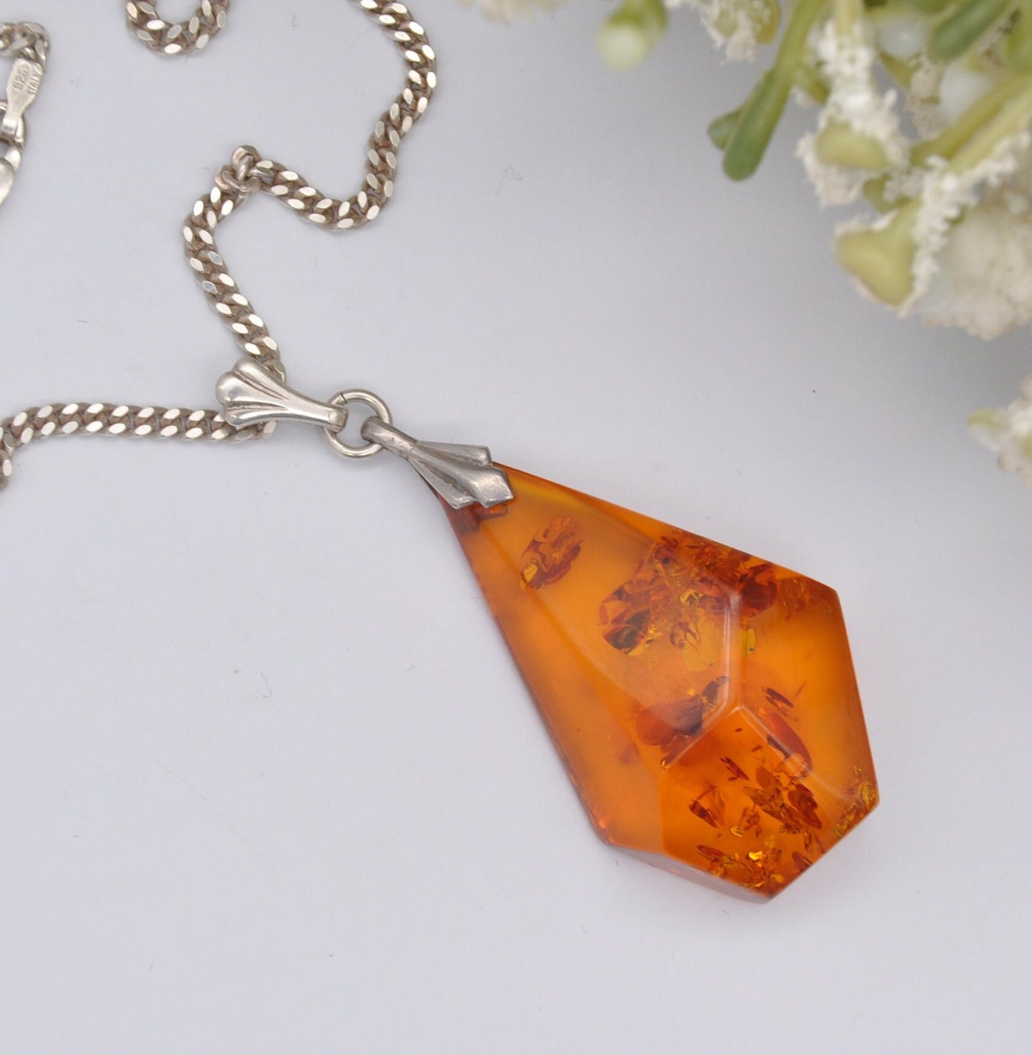 Sterling Silver and Amber Pendant Necklace - Baltic Amber Pendant