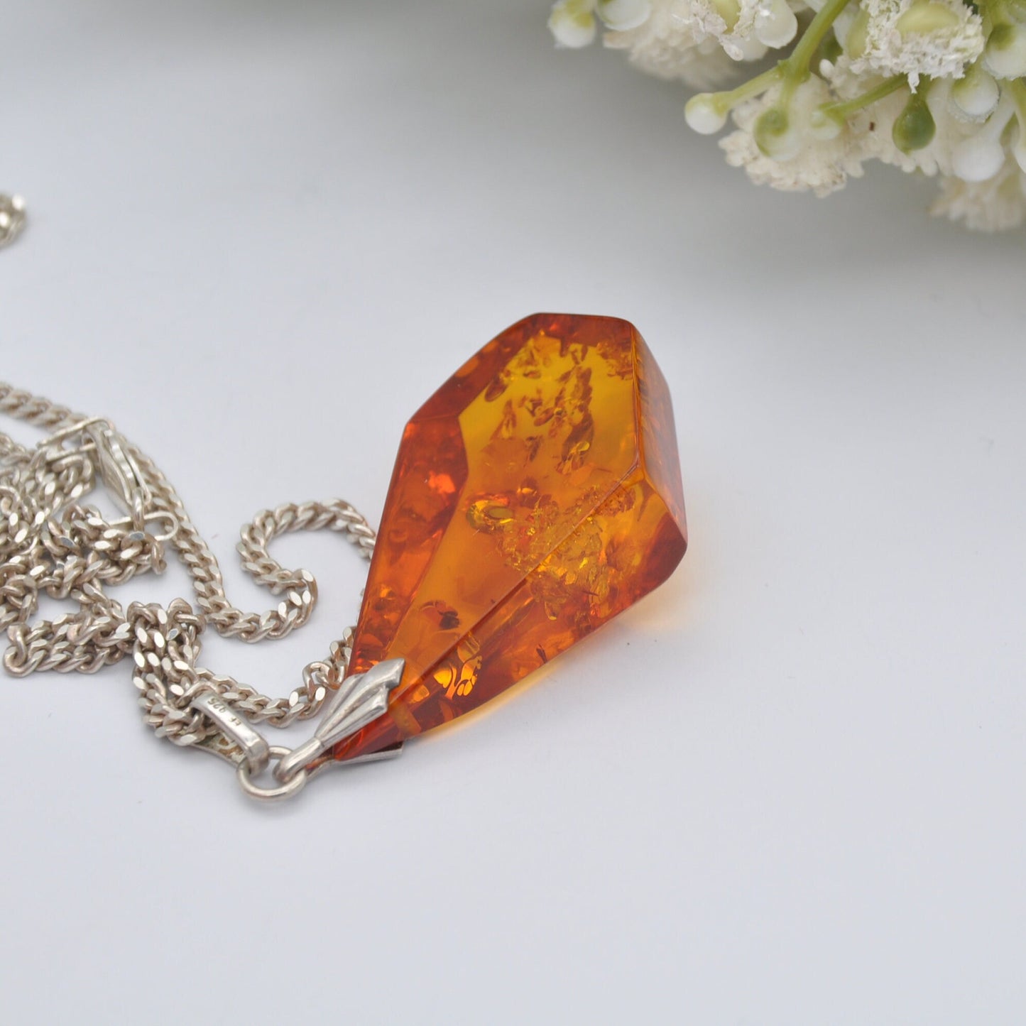 Sterling Silver and Amber Pendant Necklace - Baltic Amber Pendant