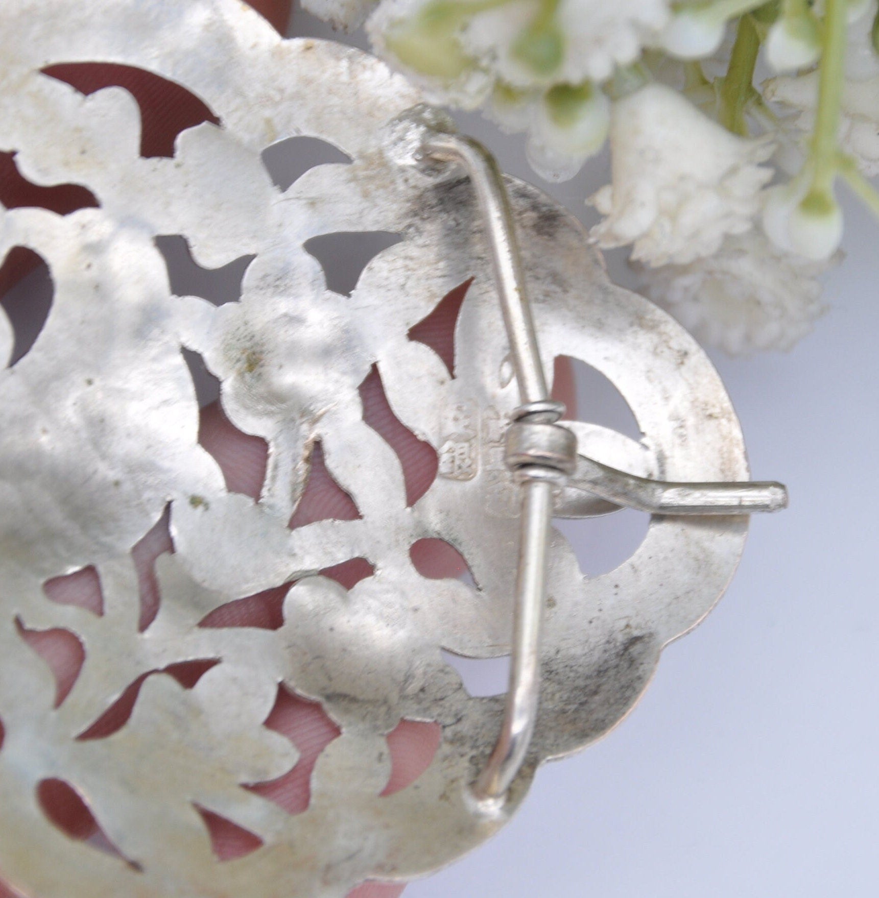 Antique Chinese Silver Belt Buckle - Aesthetic Movement Bird and Flower Design