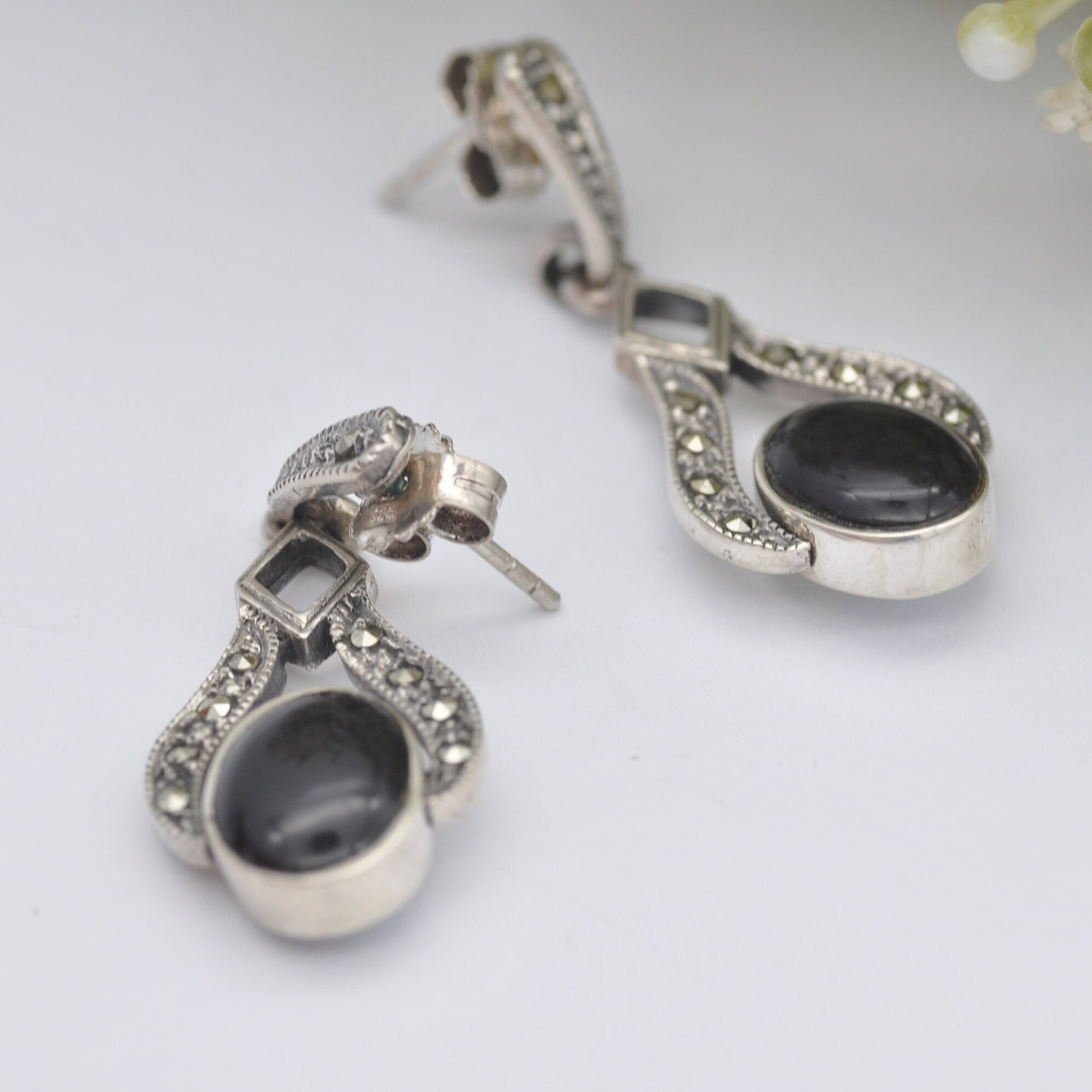 Vintage Reversible Sterling Silver Onyx and Mother of Pearl Marcasite Drop Earrings - Day and Night Jewellery