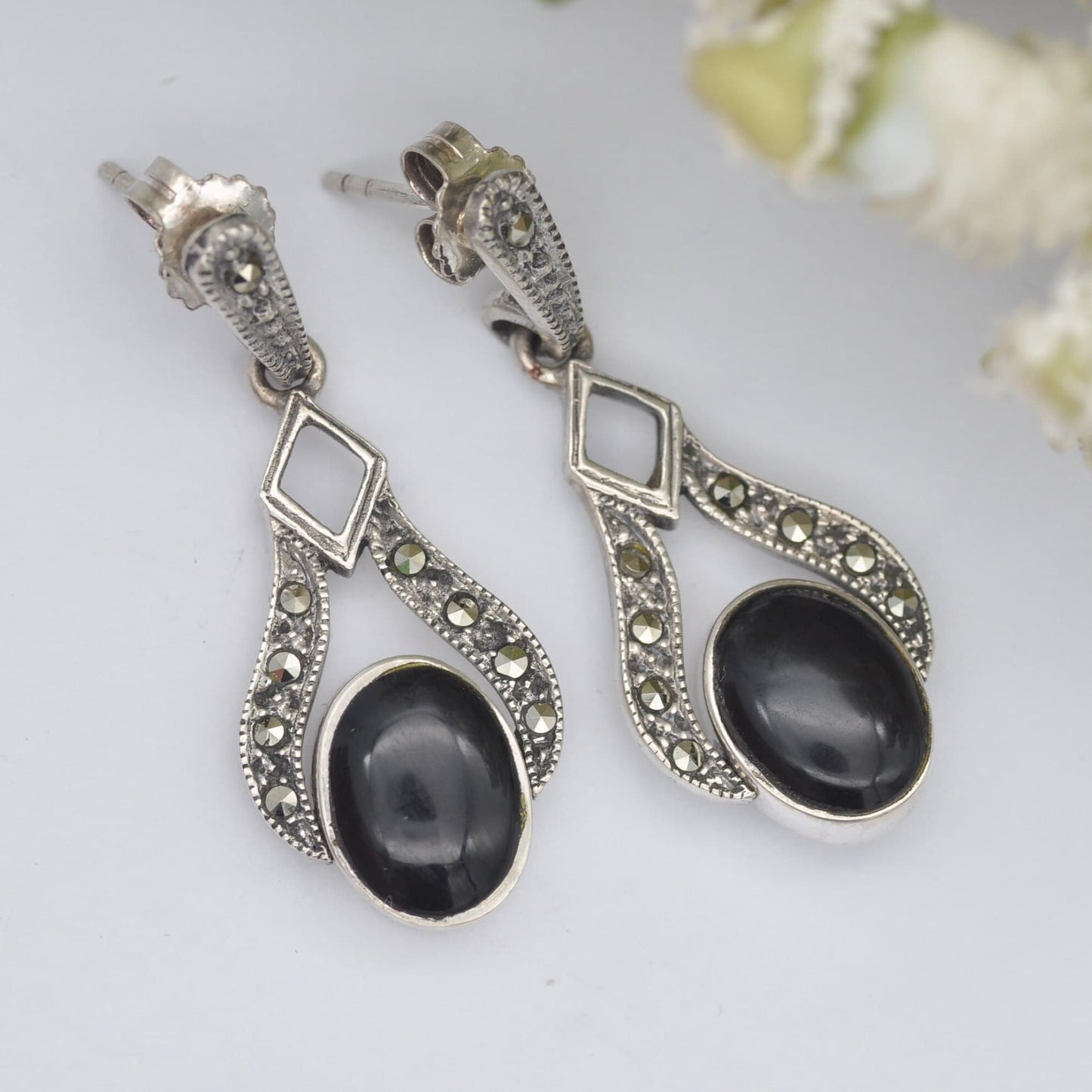 Vintage Reversible Sterling Silver Onyx and Mother of Pearl Marcasite Drop Earrings - Day and Night Jewellery