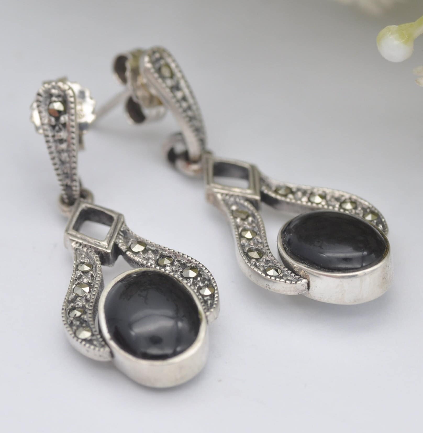 Vintage Reversible Sterling Silver Onyx and Mother of Pearl Marcasite Drop Earrings - Day and Night Jewellery