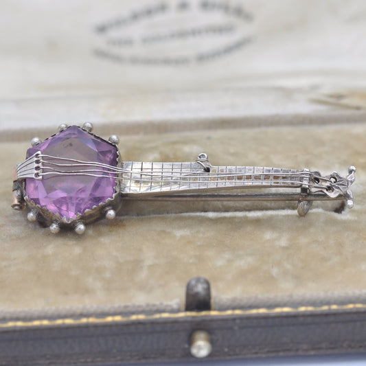 Antique Sterling Silver Banjo Brooch with Purple Paste Body - Victorian Novelty Musical Instrument Jewellery