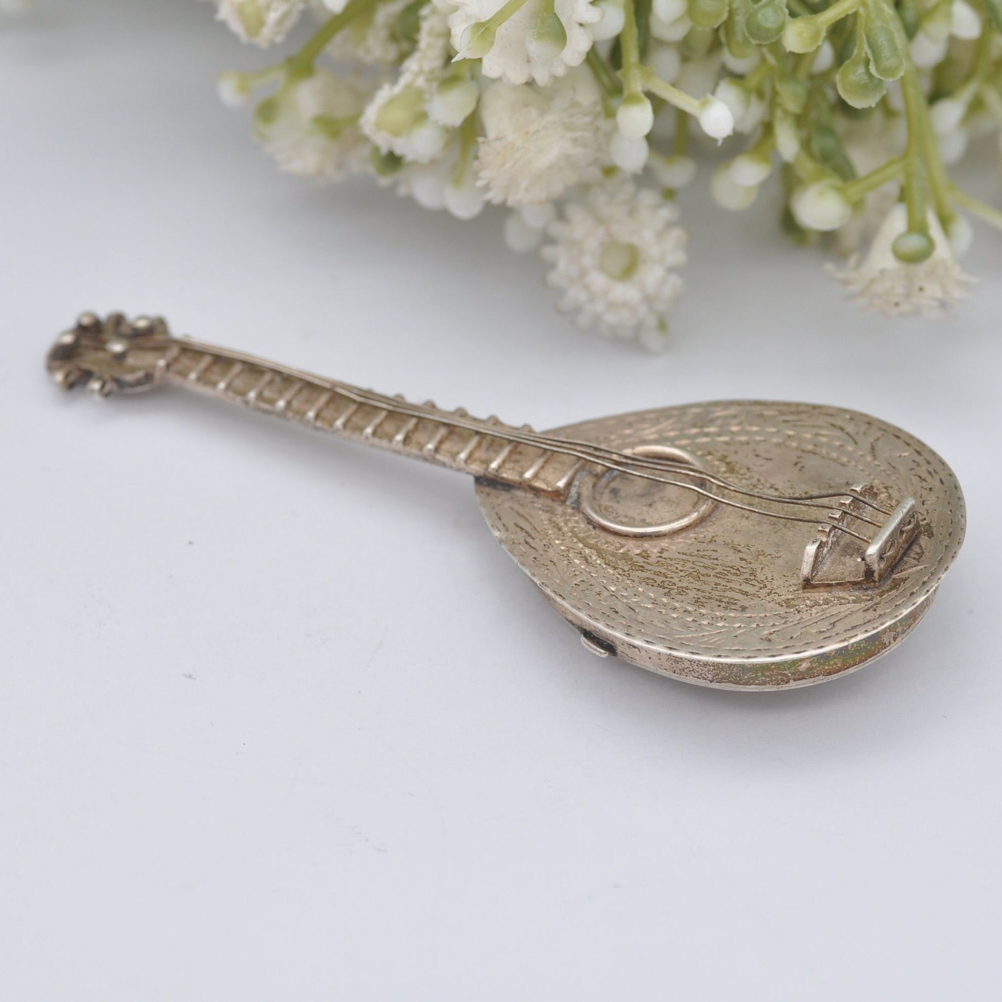 Vintage Sterling Silver Mandolin Trinket Box with Strings - Hand Engraved | Novelty Musical Instrument Collectable